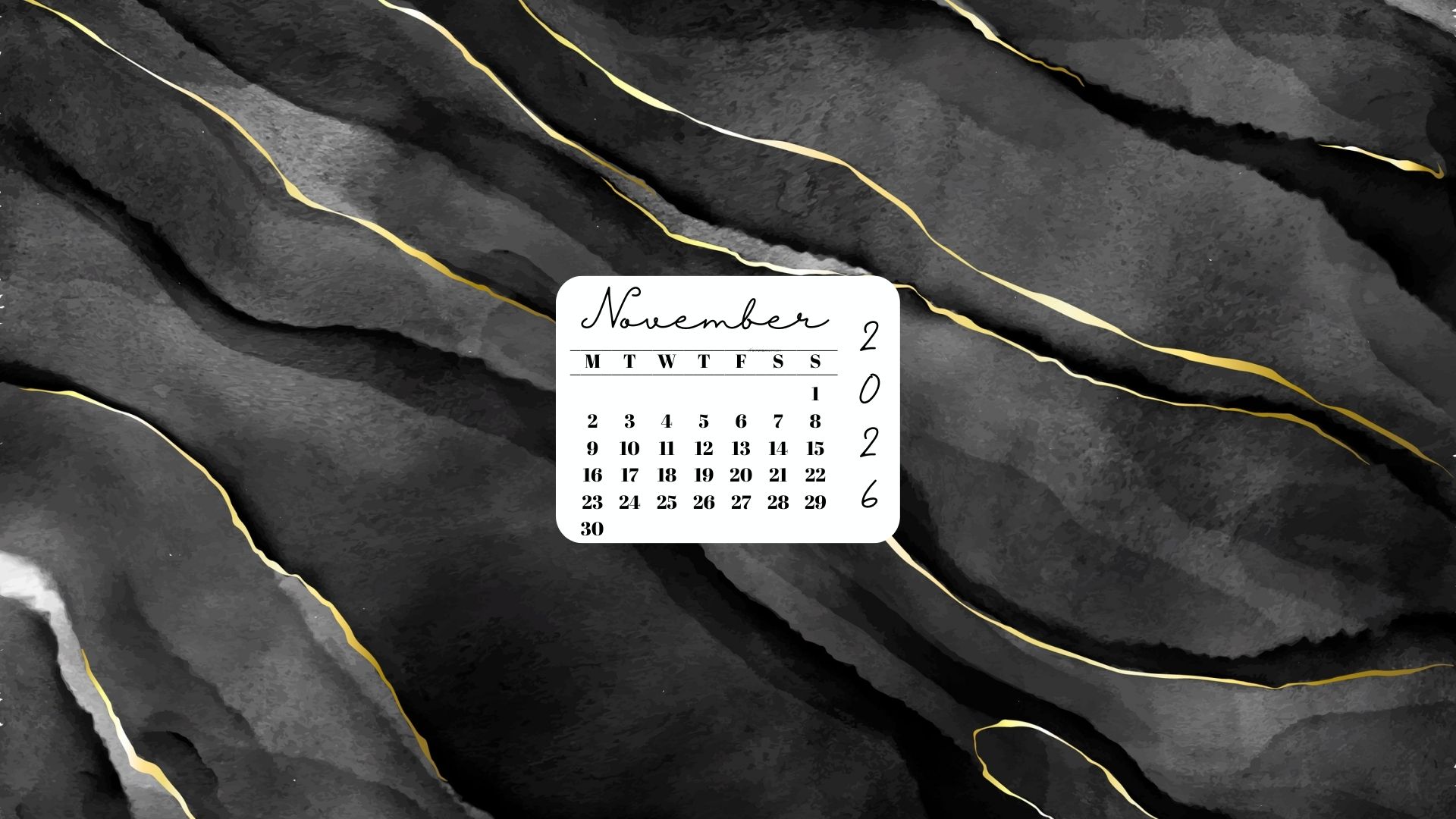 November 2026 Desktop Wallpaper Background - Black & Gold Watercolor | SaturdayGift