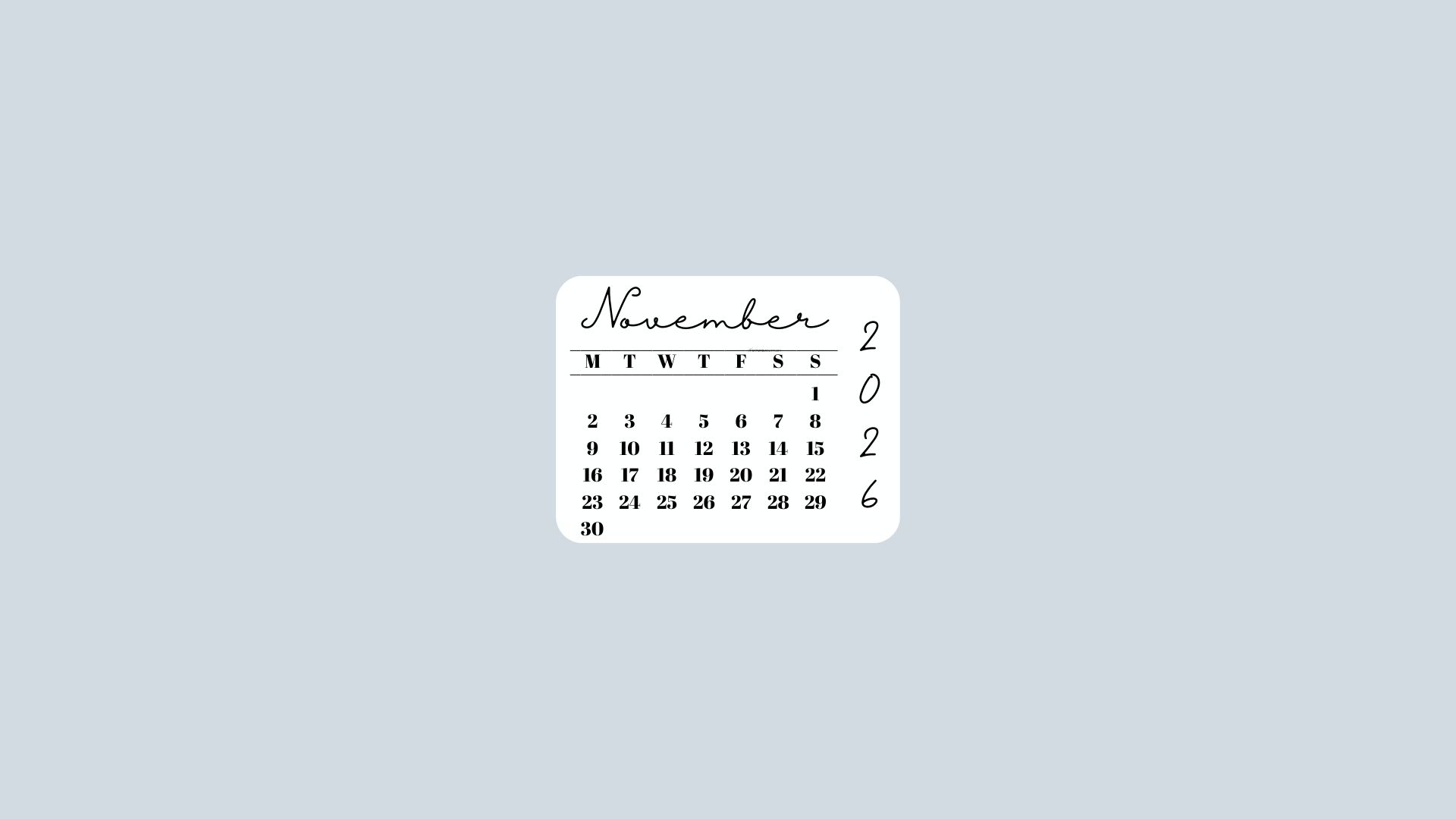 November 2026 Desktop Wallpaper Background - Minimal Grey | SaturdayGift