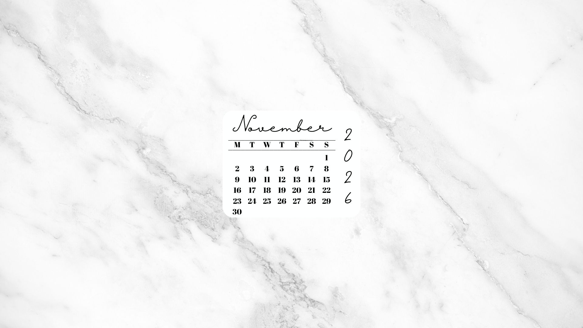November 2026 Desktop Wallpaper Background - White Marble | SaturdayGift