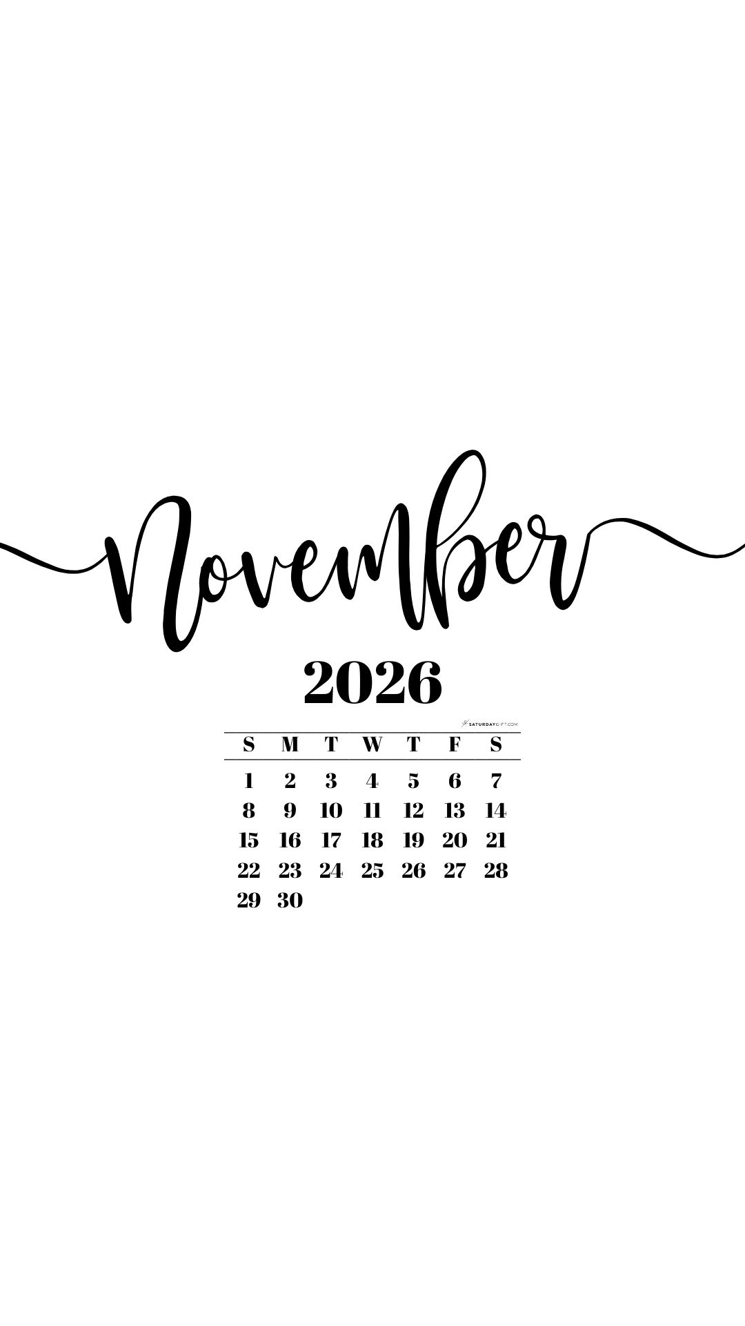November 2026 Phone Background Wallpaper - White | SaturdayGift