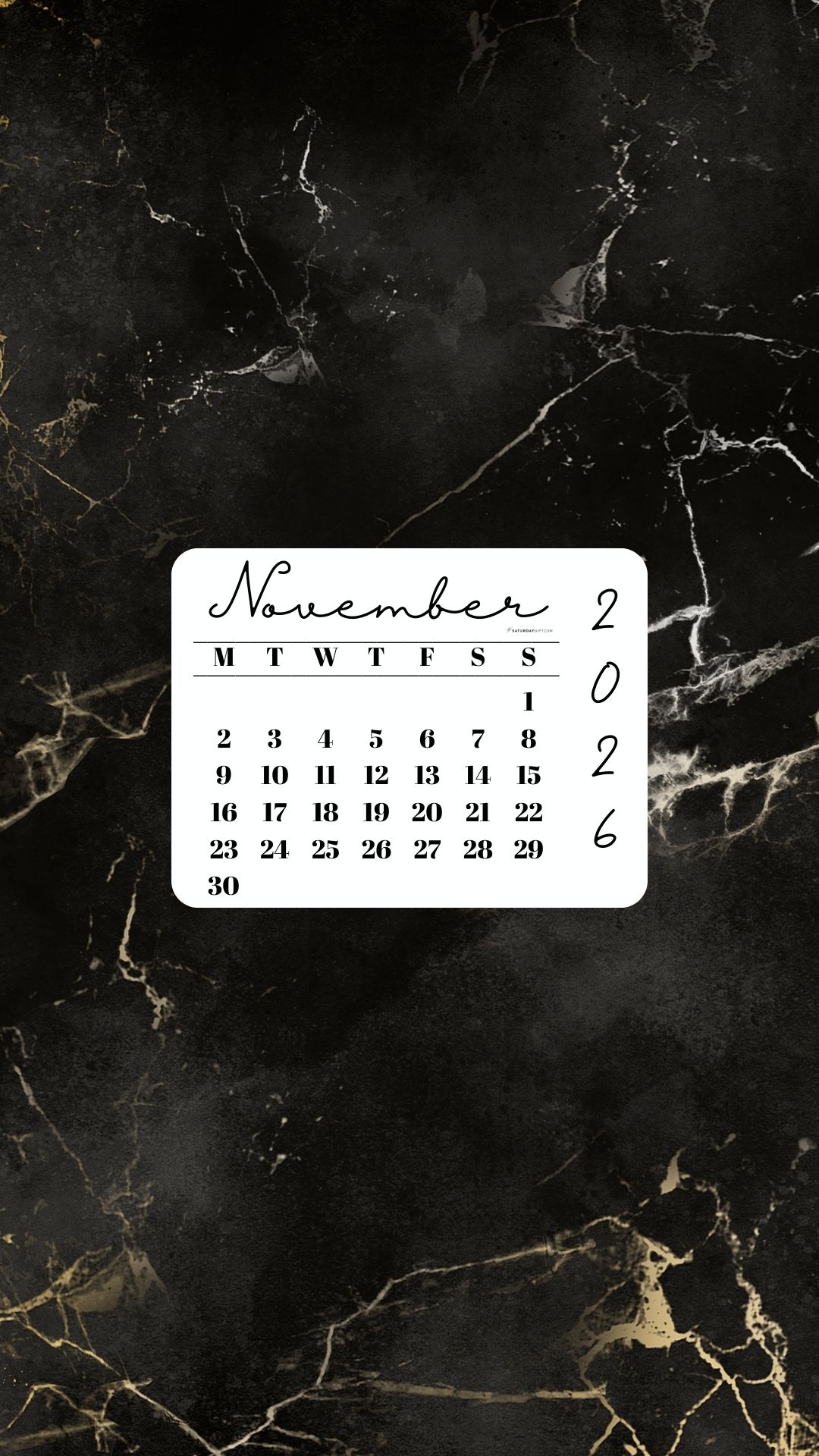 November 2026 Phone Wallpaper Background - Black & Gold Marble | SaturdayGift