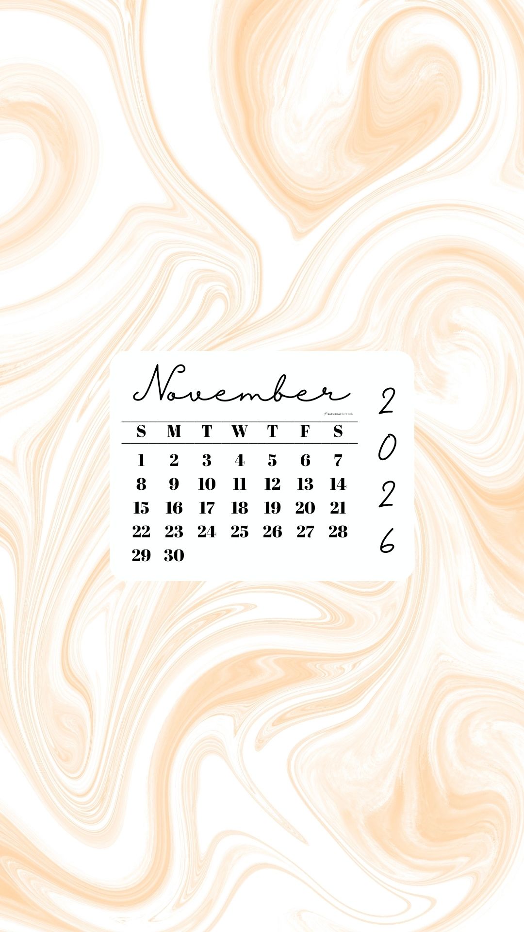 November 2026 Phone Wallpaper Background - Light Marble | SaturdayGift