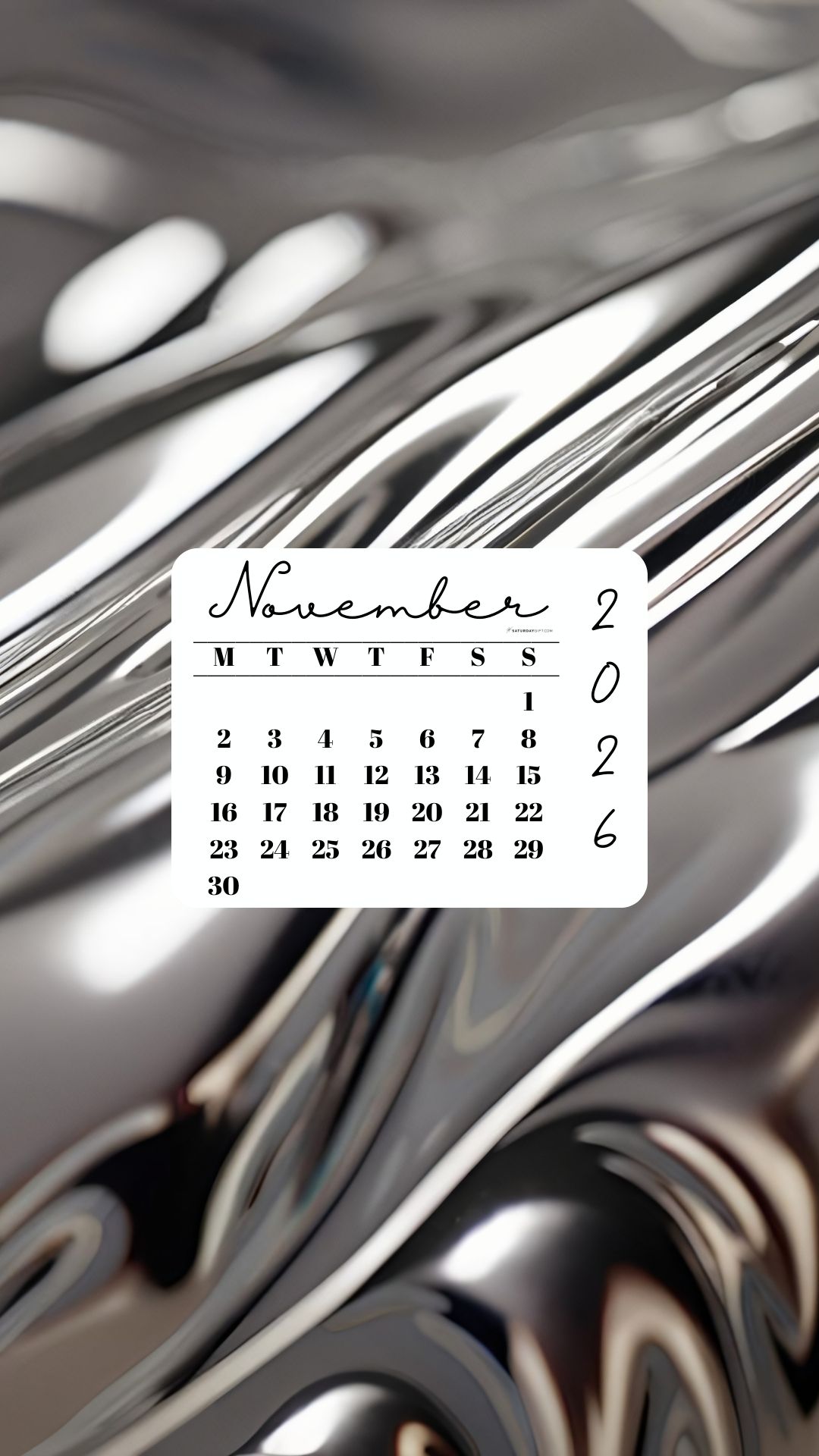 November 2026 Phone Wallpaper Background - Liquid Silver | SaturdayGift