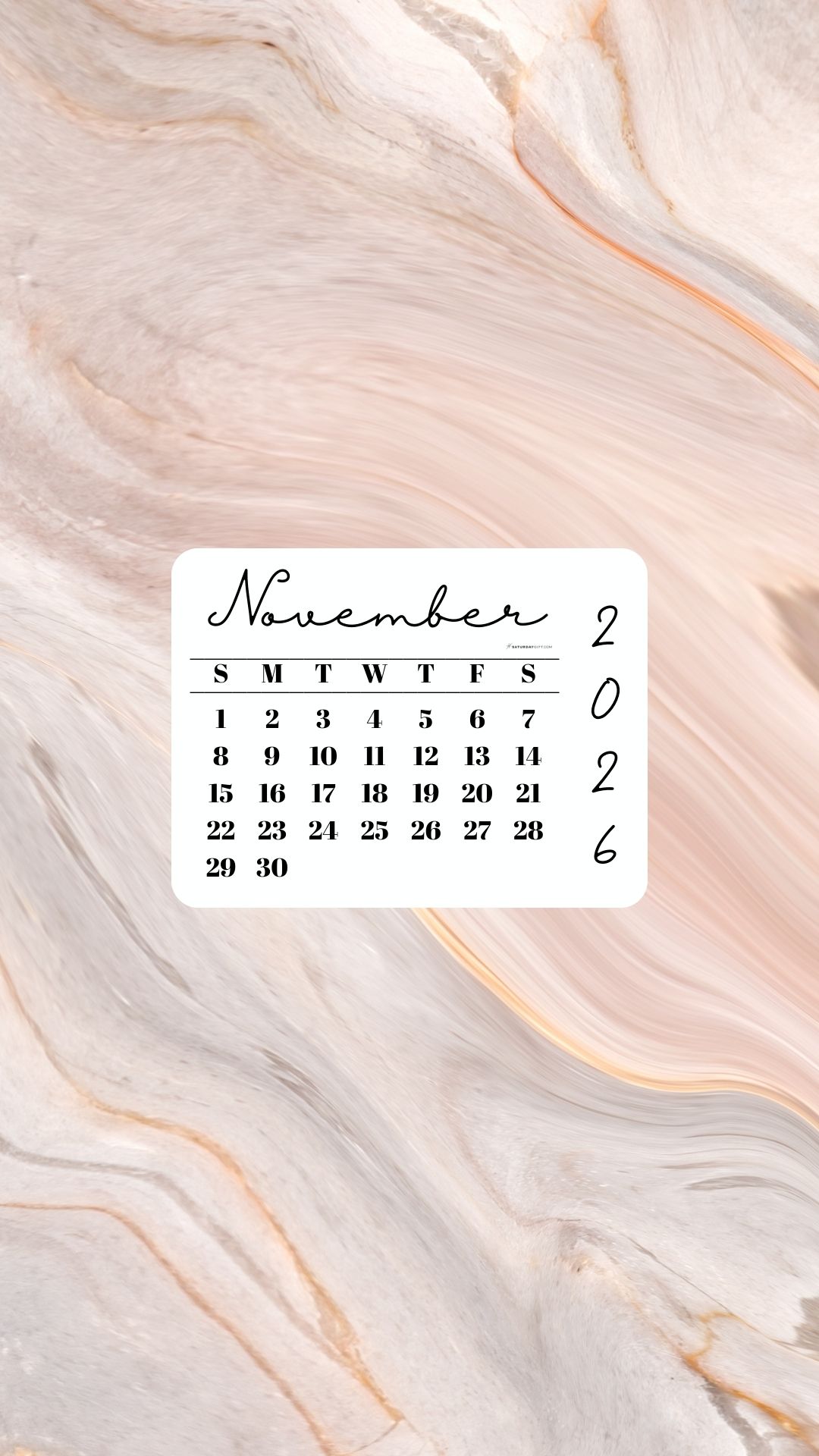 November 2026 Phone Wallpaper Background - Peach Marble | SaturdayGift