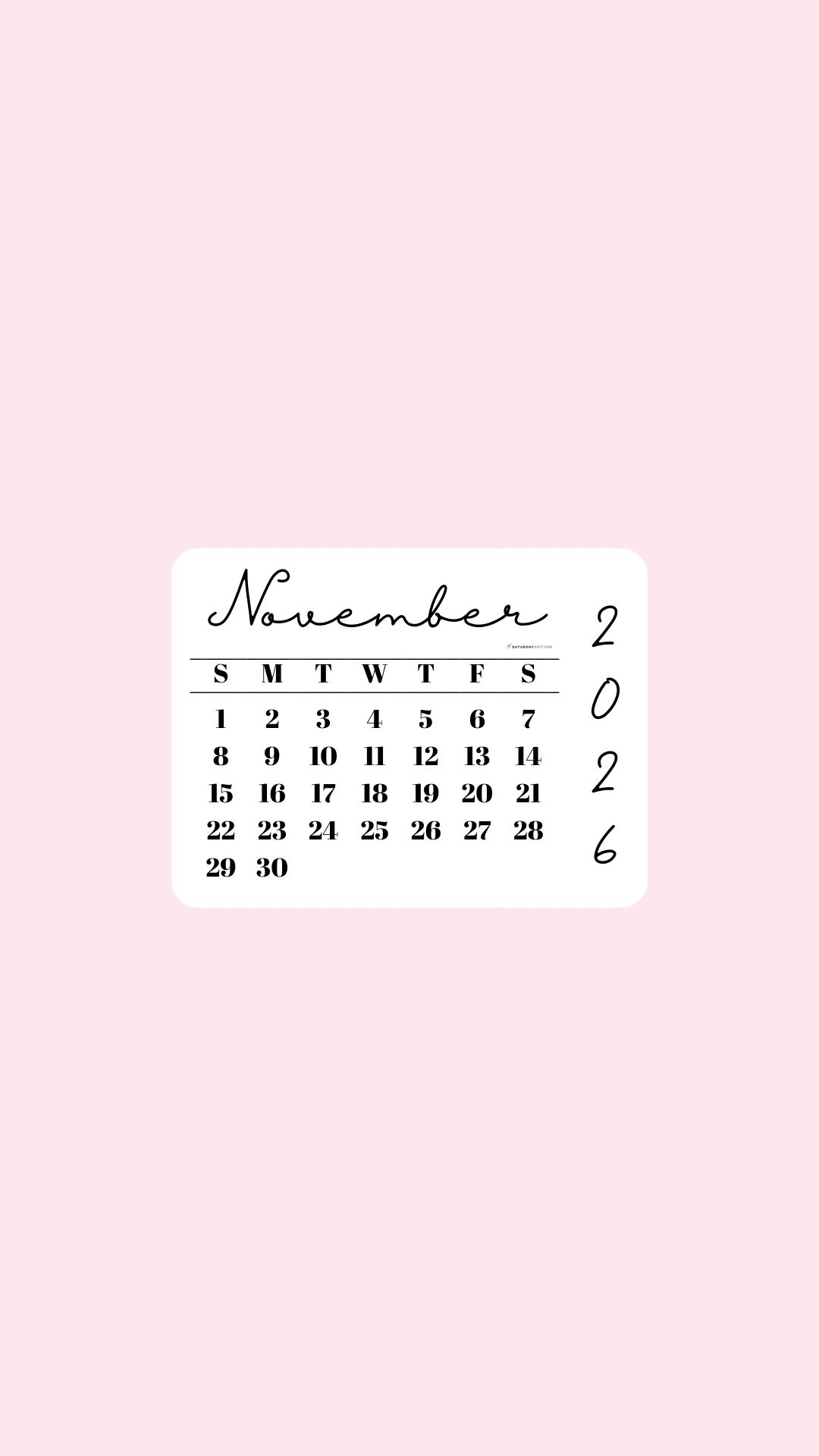 November 2026 Phone Wallpaper Background - Simple Pink | SaturdayGift