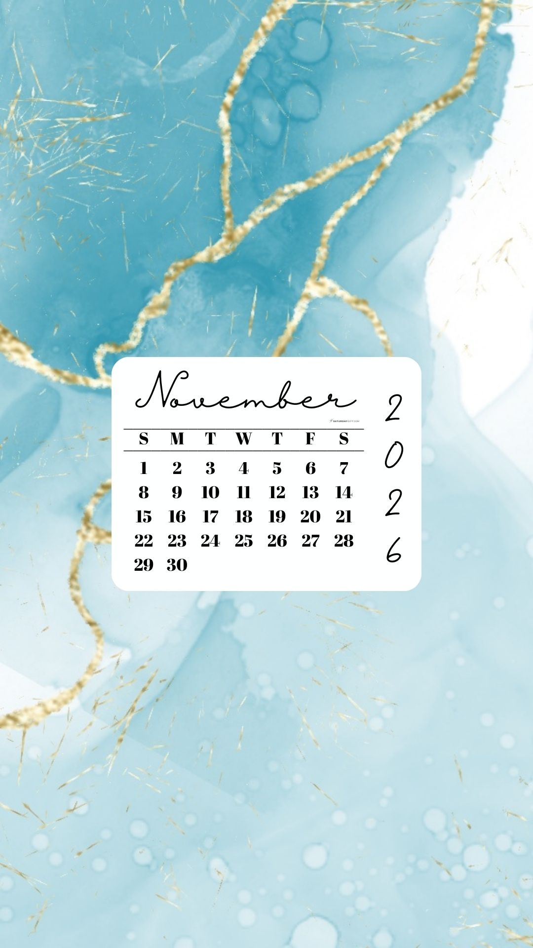 November 2026 Phone Wallpaper Background - Turquoise Marble | SaturdayGift