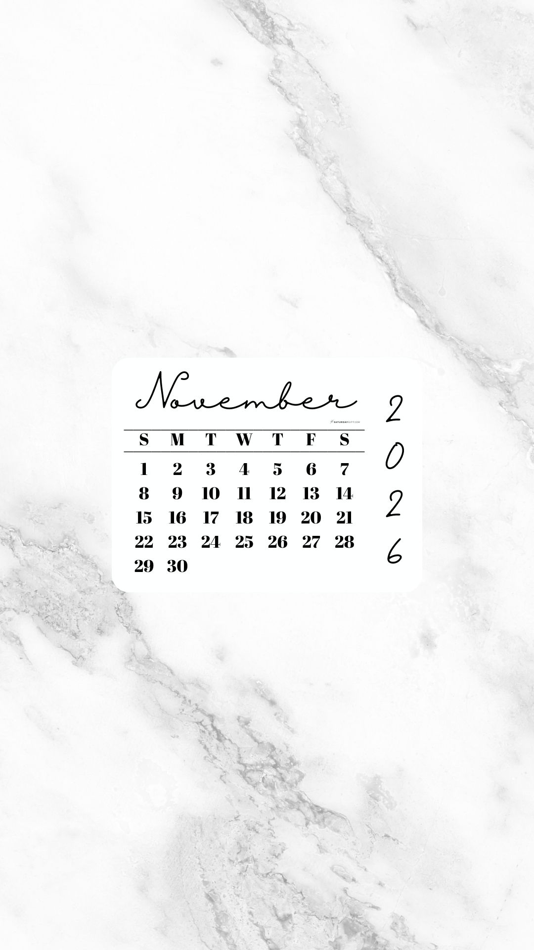 November 2026 Phone Wallpaper Background - White Marble | SaturdayGift