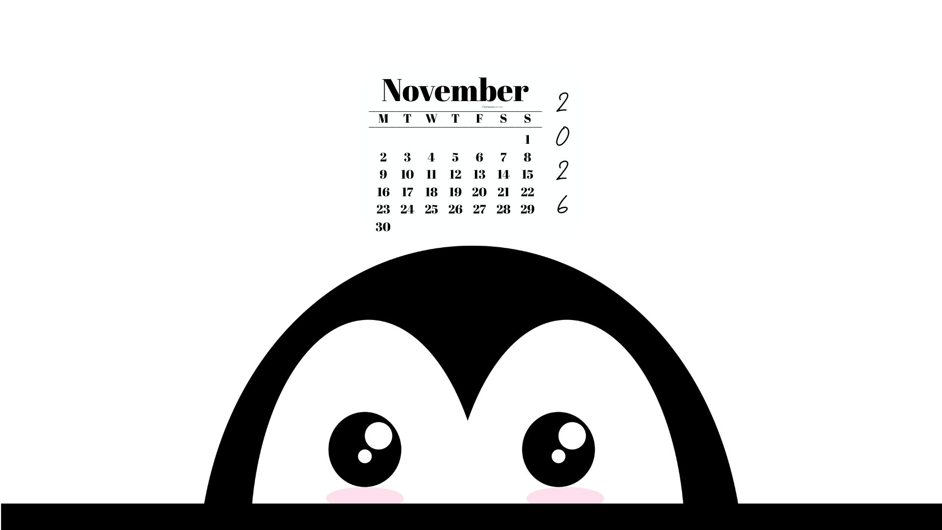 November 2026 Wallpaper for Desktop - Shy Penguin | SaturdayGift