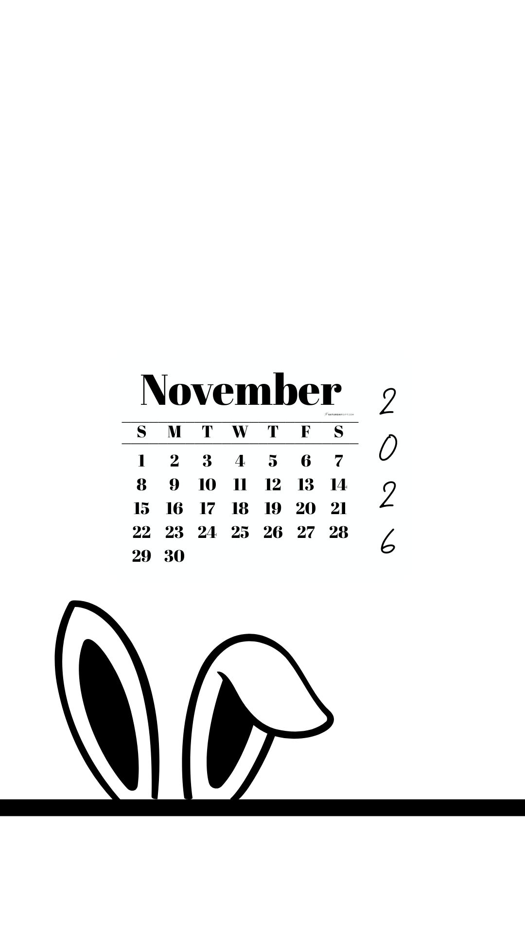November 2026 Wallpaper for Phone - Shy Bunny | SaturdayGift