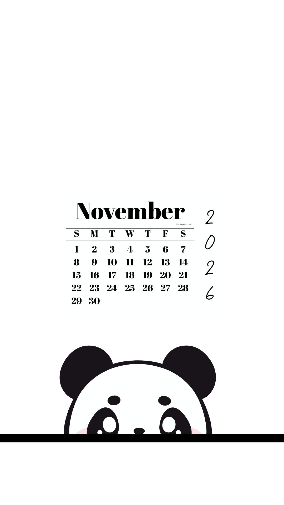 November 2026 Wallpaper for Phone - Shy Panda | SaturdayGift