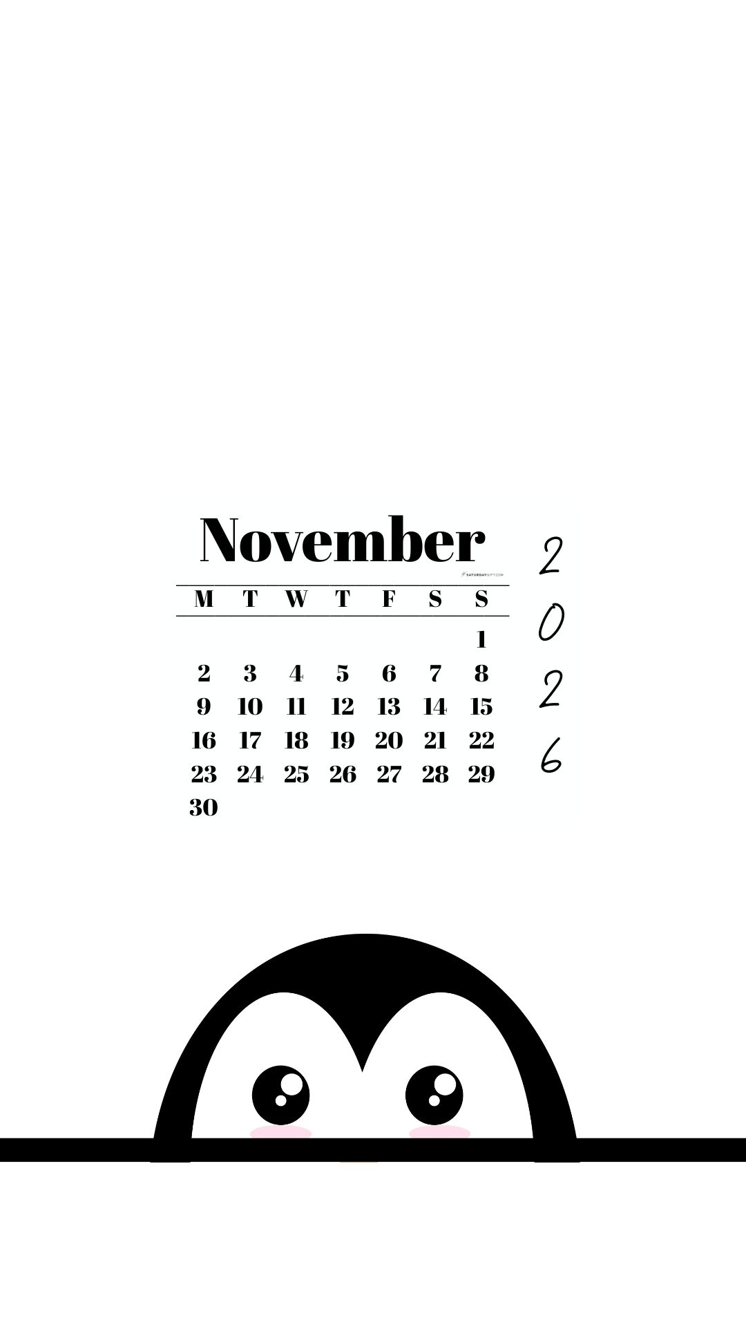 November 2026 Wallpaper for Phone - Shy Penguin | SaturdayGift