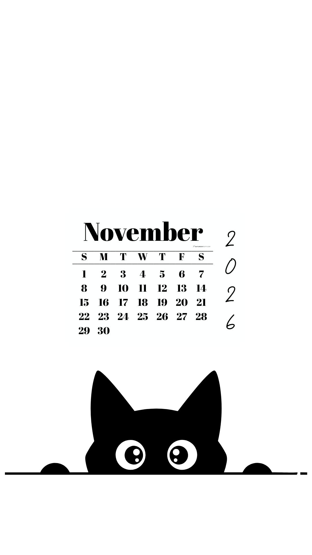 November Calendar 2026 Phone Background - Shy Cat White | SaturdayGift