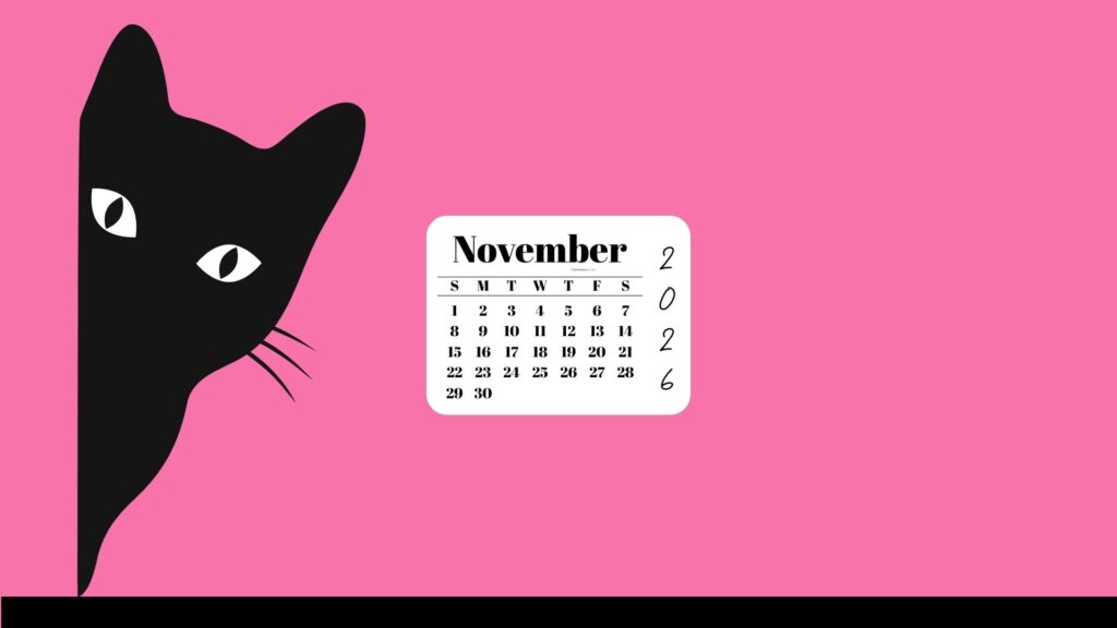 November Desktop Wallpaper Calendar 2026 - Black Cat Pink Background | SaturdayGift