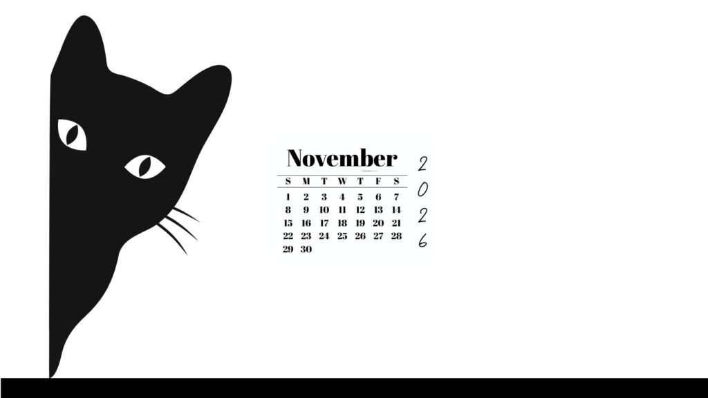 November Desktop Wallpaper Calendar 2026 - Black Cat White Background | SaturdayGift