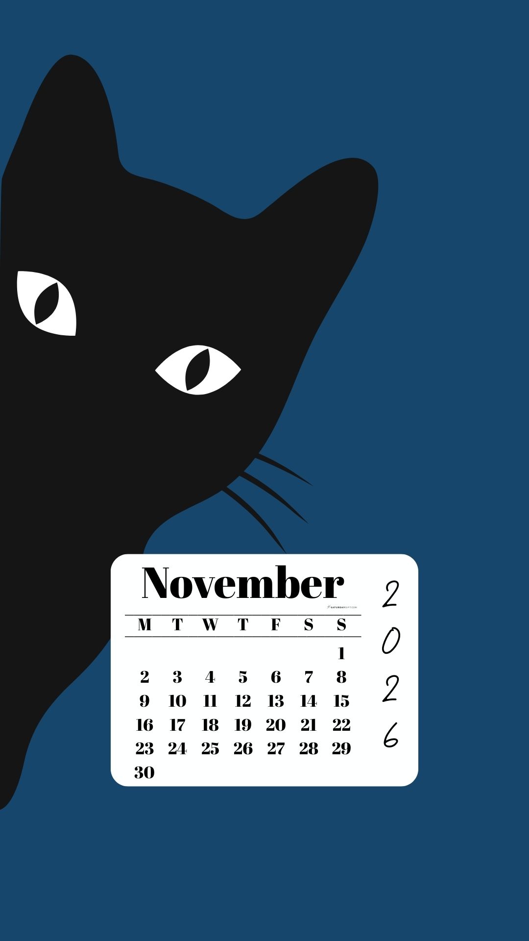 November Phone Wallpaper 2026 - Black Cat Blue Background | SaturdayGift
