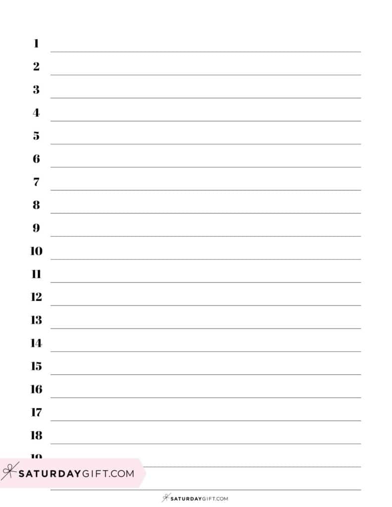 Numbered half inch lined paper printable - black & white | SaturdayGift