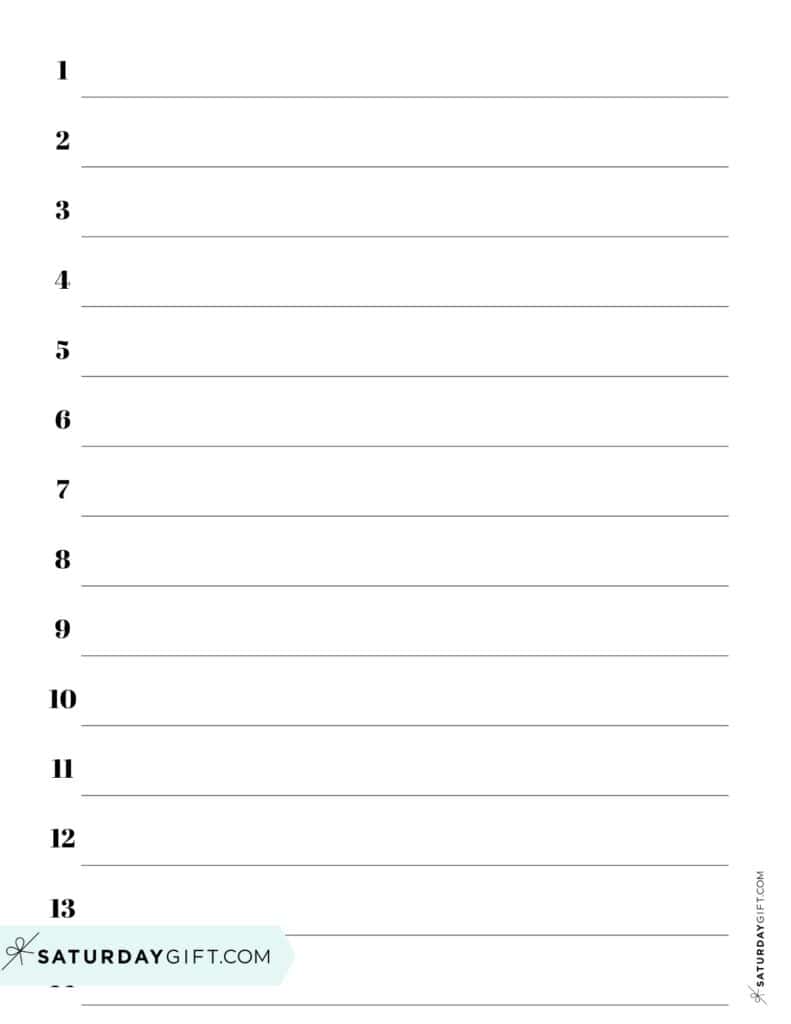 Numbered three quarter inch lined paper printable - black & white | SaturdayGift