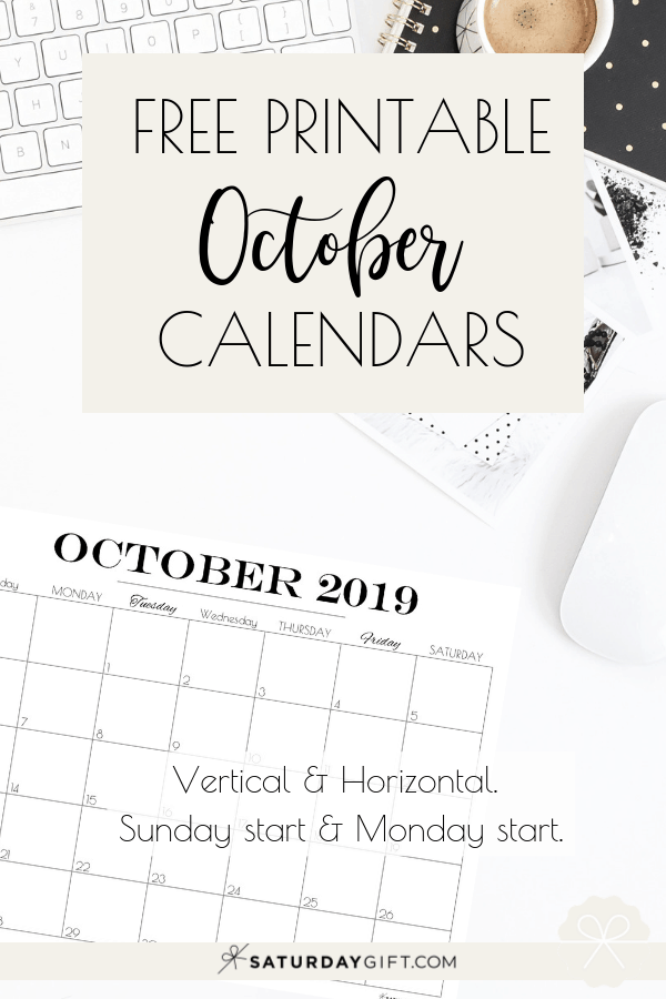 Pretty printable October 2019 Calendar Vertical & horizontal Sunday Start Monday start Dated {Free Printables} | SaturdayGift