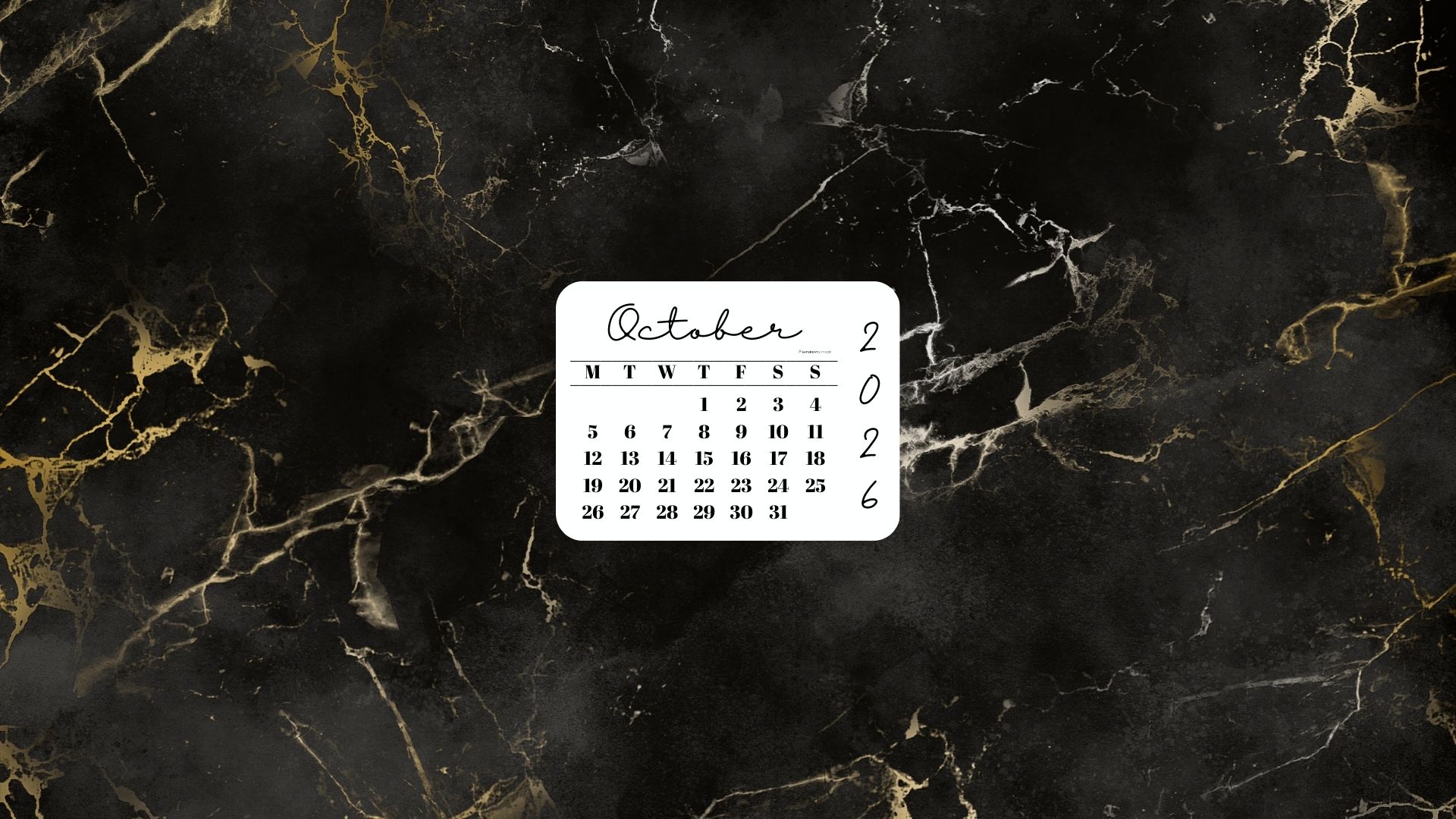 October 2026 Desktop Wallpaper Background - Black & Gold Marble | SaturdayGift