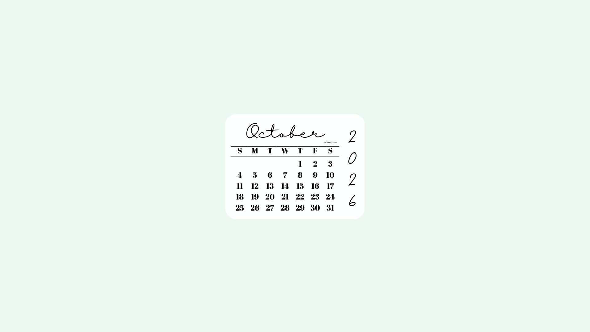 October 2026 Desktop Wallpaper Background - Simple Green | SaturdayGift