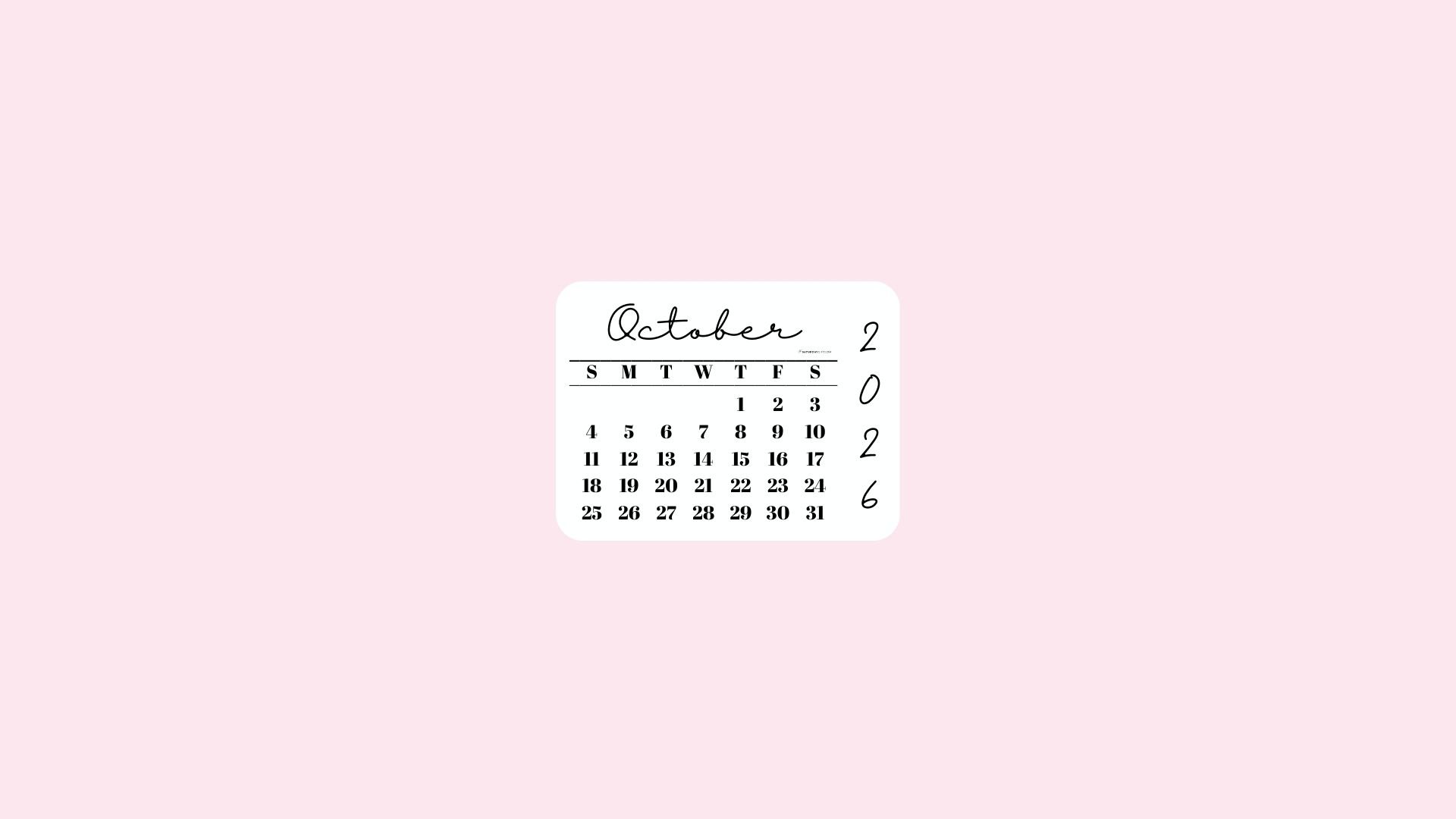 October 2026 Desktop Wallpaper Background - Simple Pink | SaturdayGift