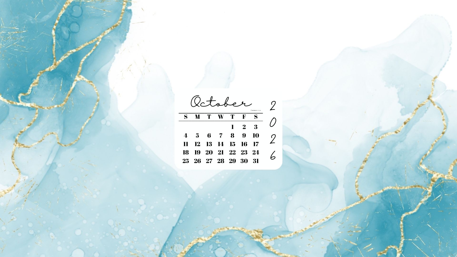 October 2026 Desktop Wallpaper Background - Turquoise Marble | SaturdayGift