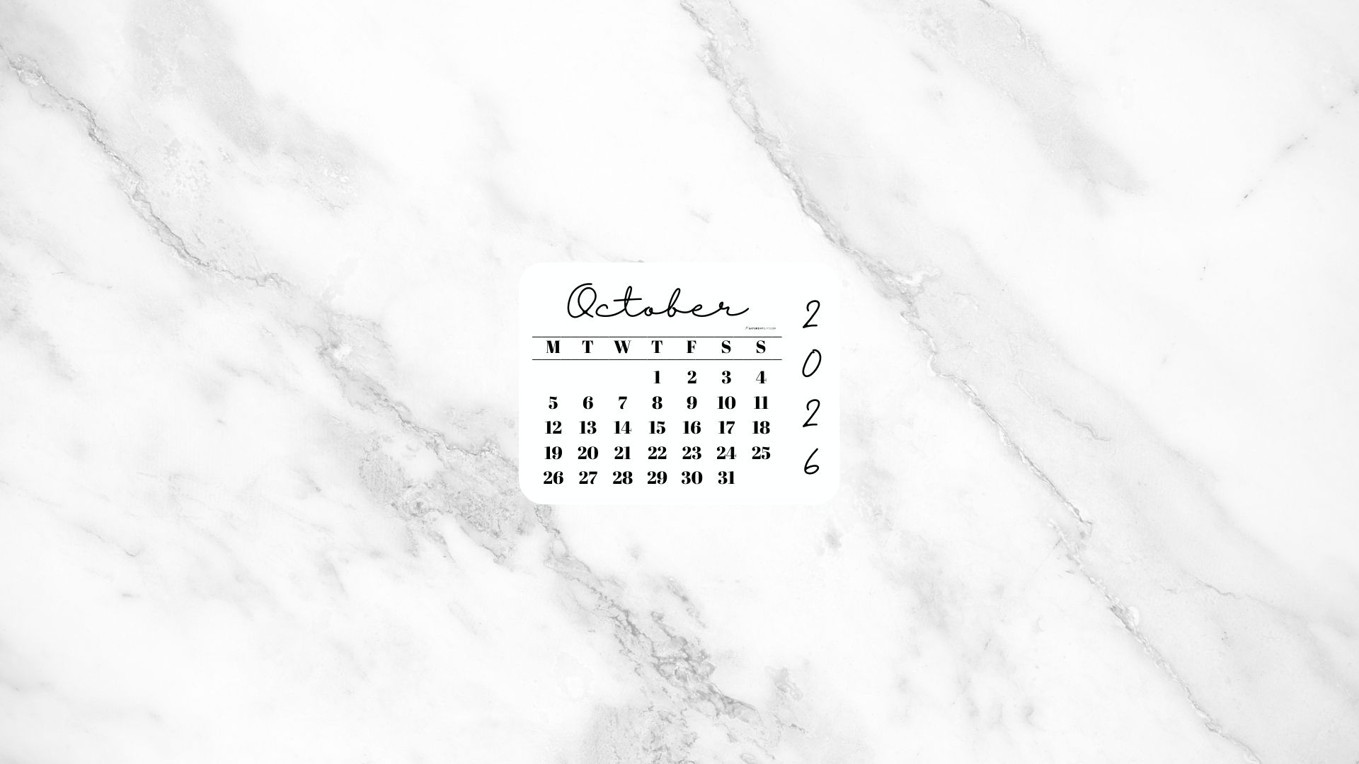 October 2026 Desktop Wallpaper Background - White Marble | SaturdayGift