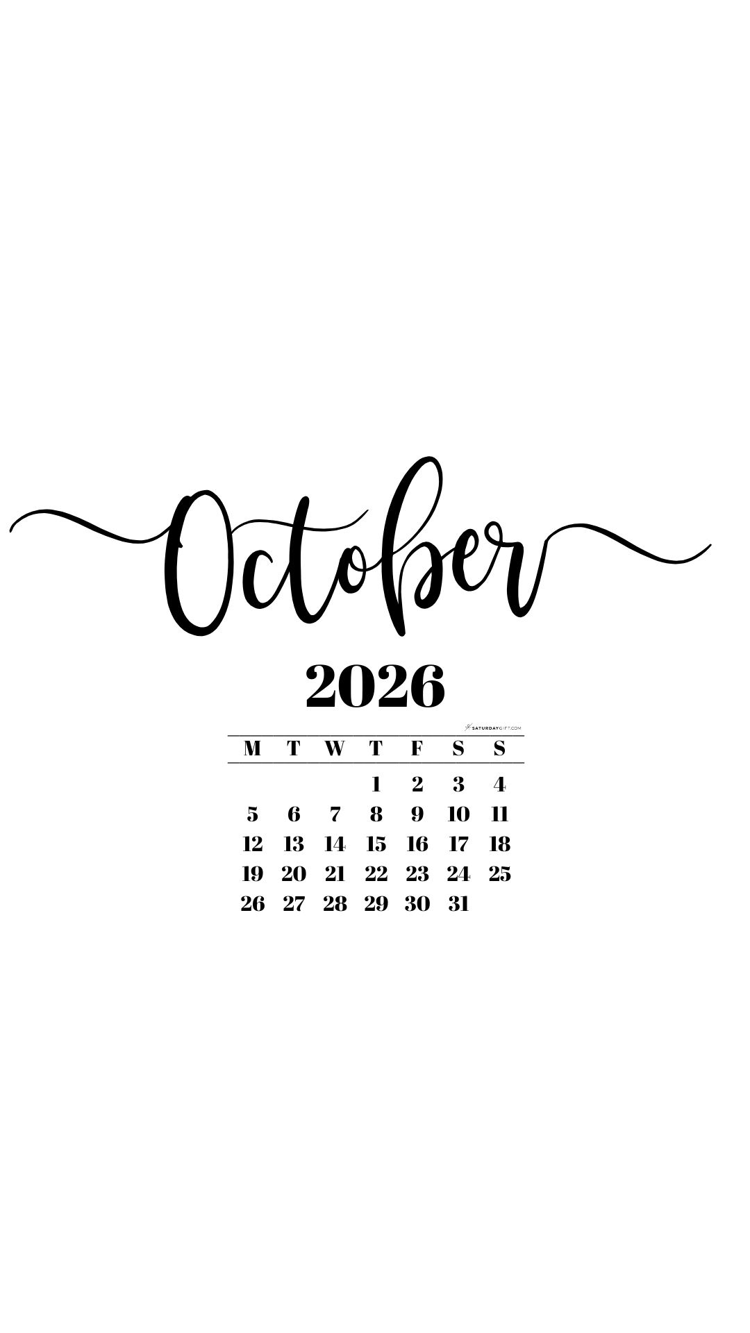 October 2026 Phone Background Wallpaper - White | SaturdayGift