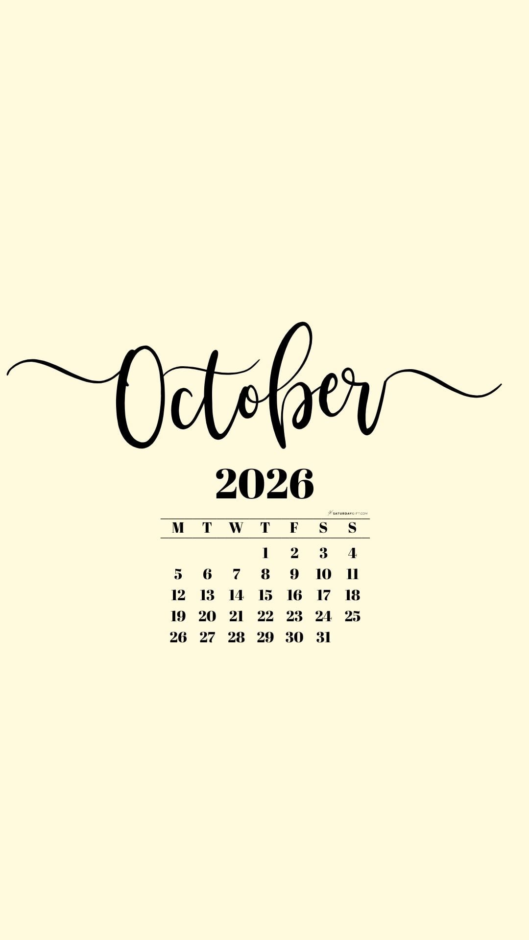 October 2026 Phone Background Wallpaper - Yellow | SaturdayGift
