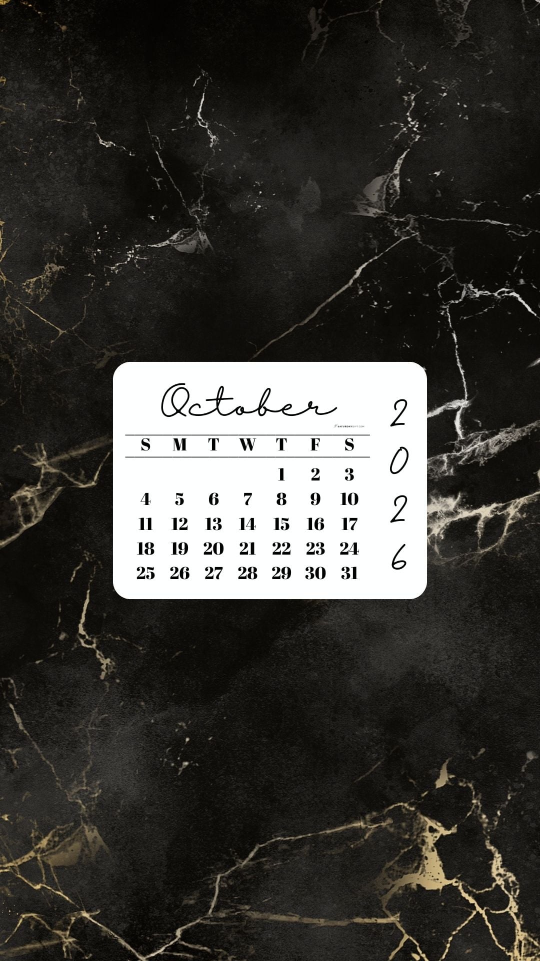 October 2026 Phone Wallpaper Background - Black & Gold Marble | SaturdayGift