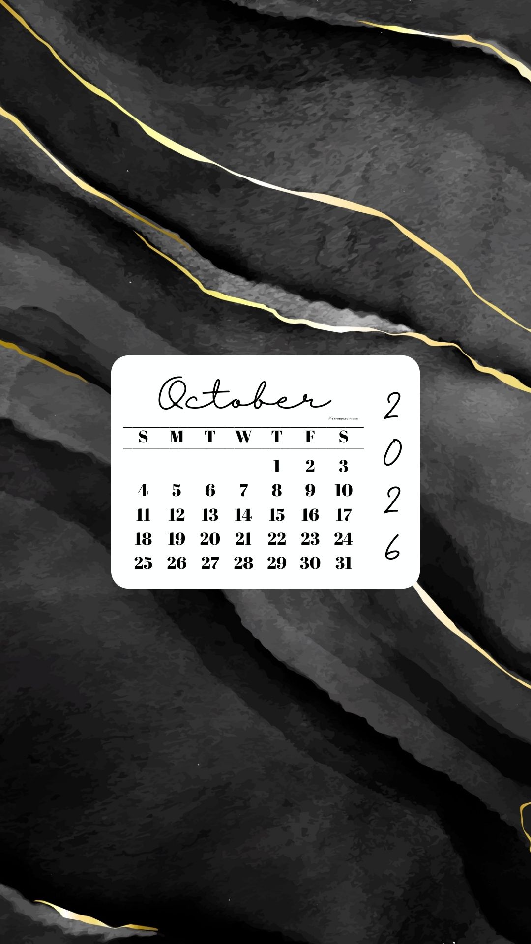 October 2026 Phone Wallpaper Background - Black & Gold Watercolor | SaturdayGift