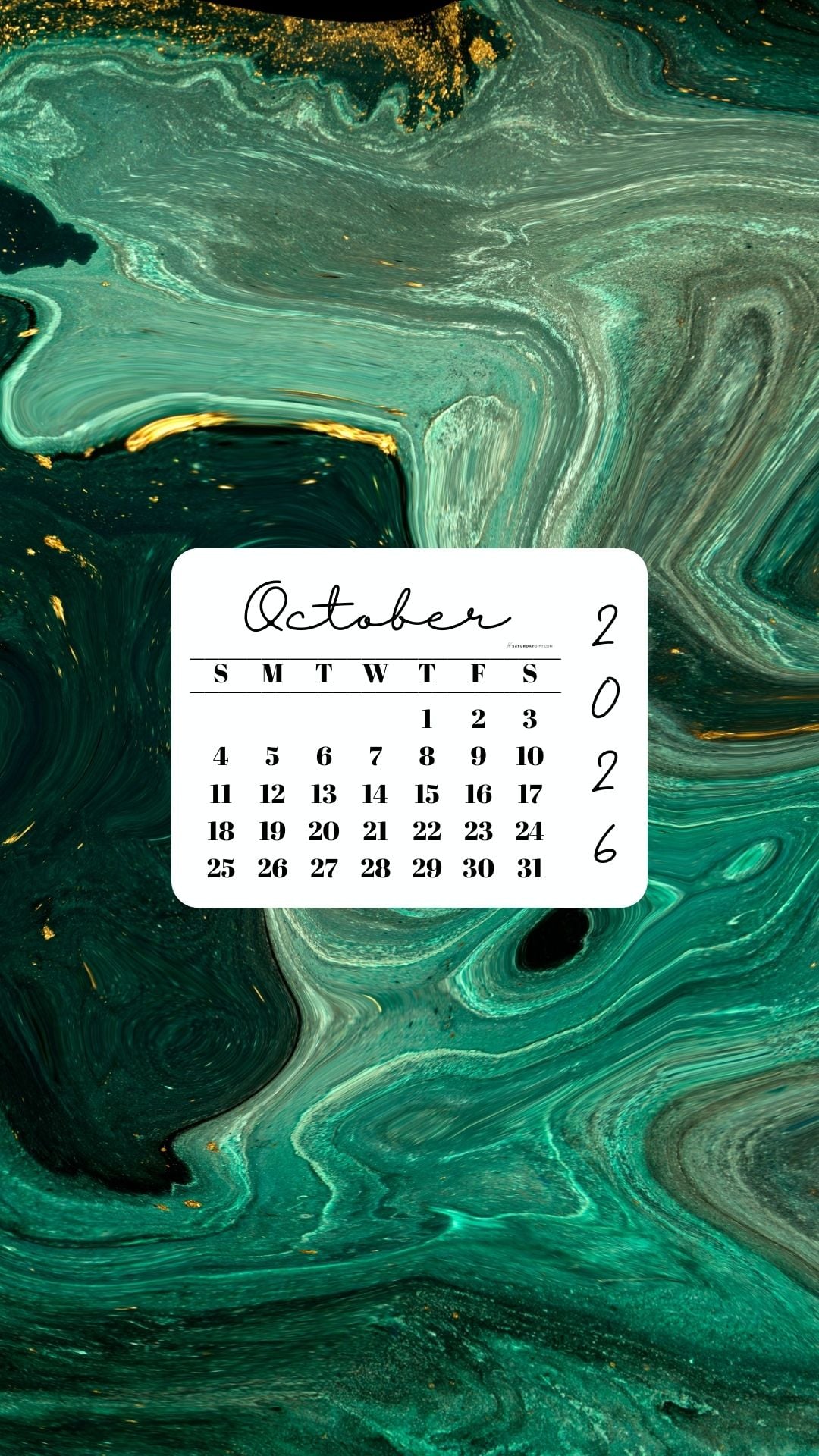 October 2026 Phone Wallpaper Background - Green & Gold | SaturdayGift