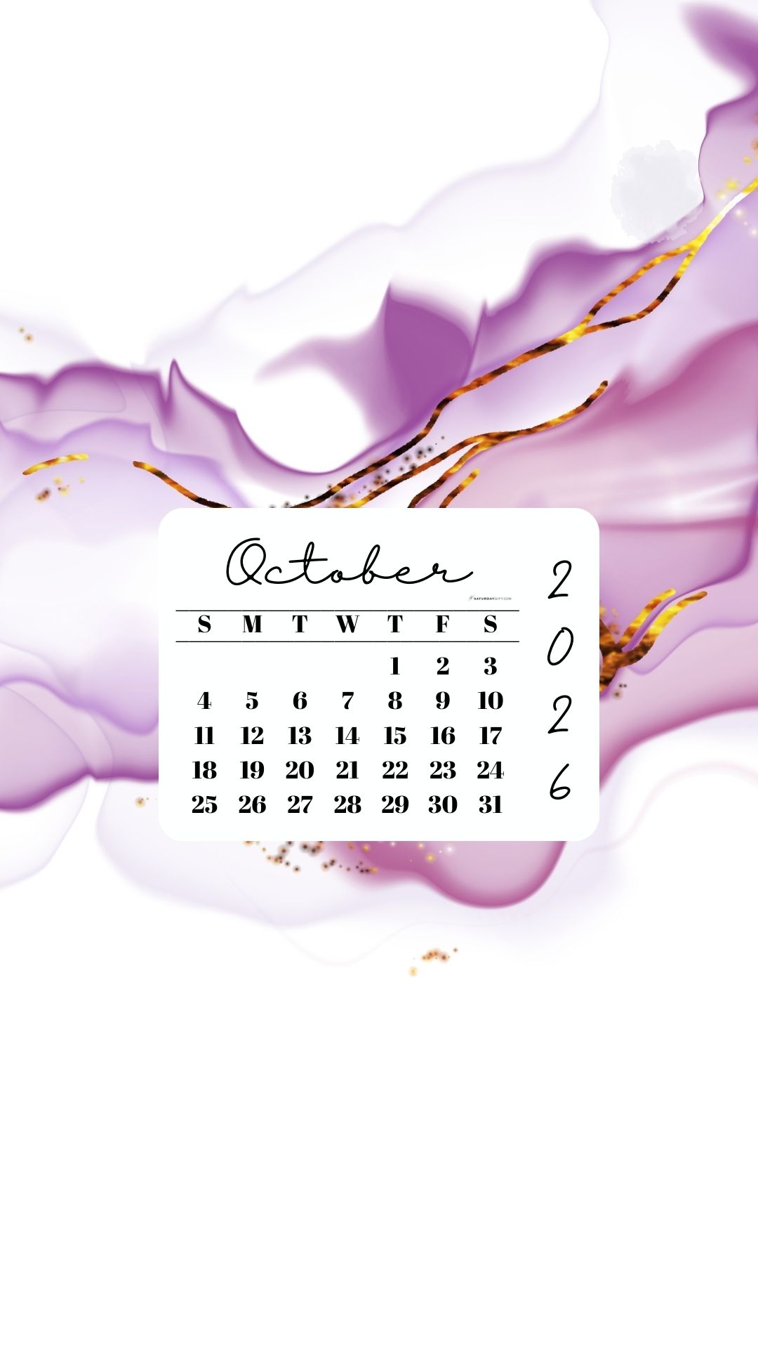 October 2026 Phone Wallpaper Background - Lilac & Gold | SaturdayGift