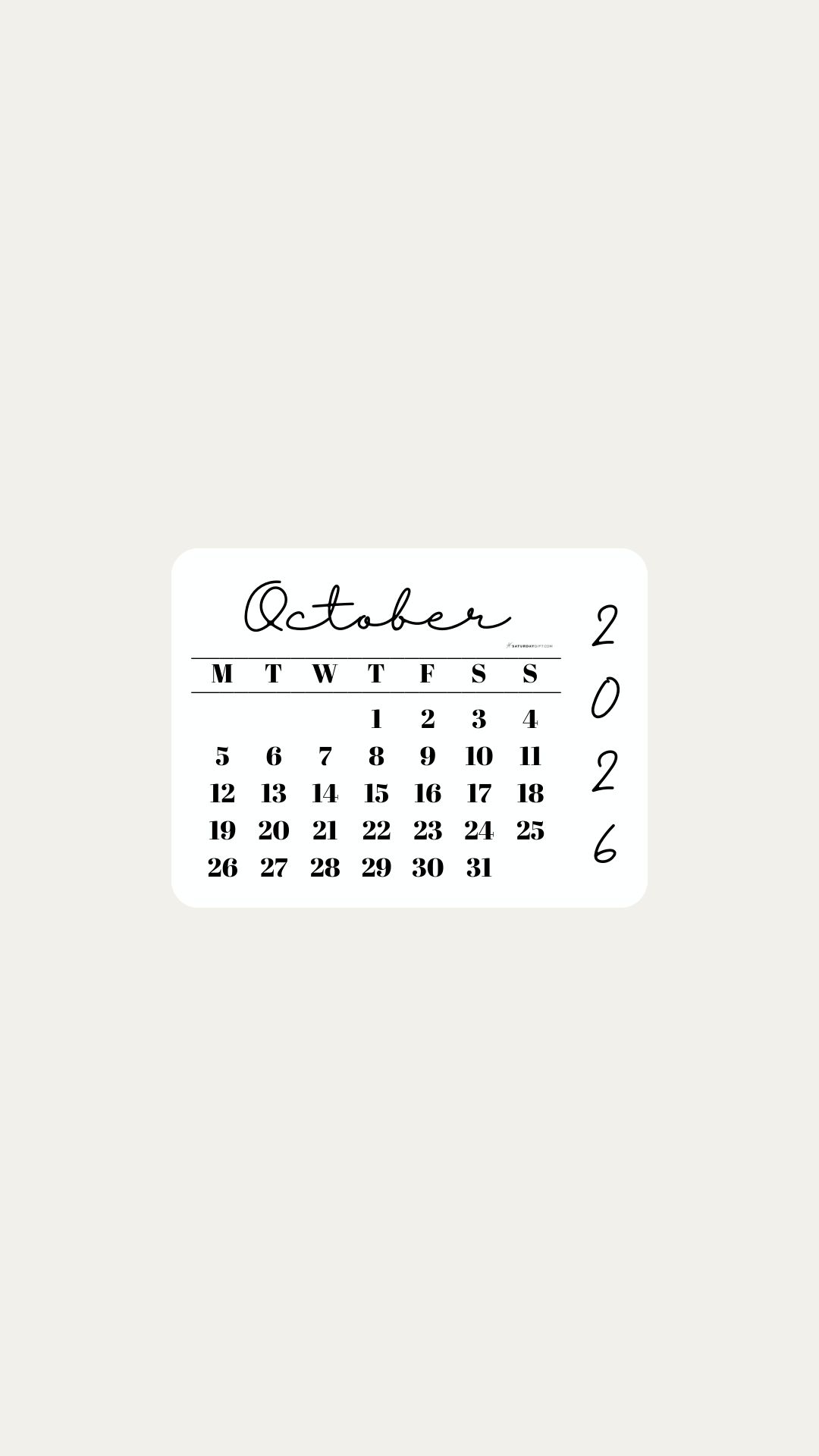 October 2026 Phone Wallpaper Background - Minimal Beige | SaturdayGift