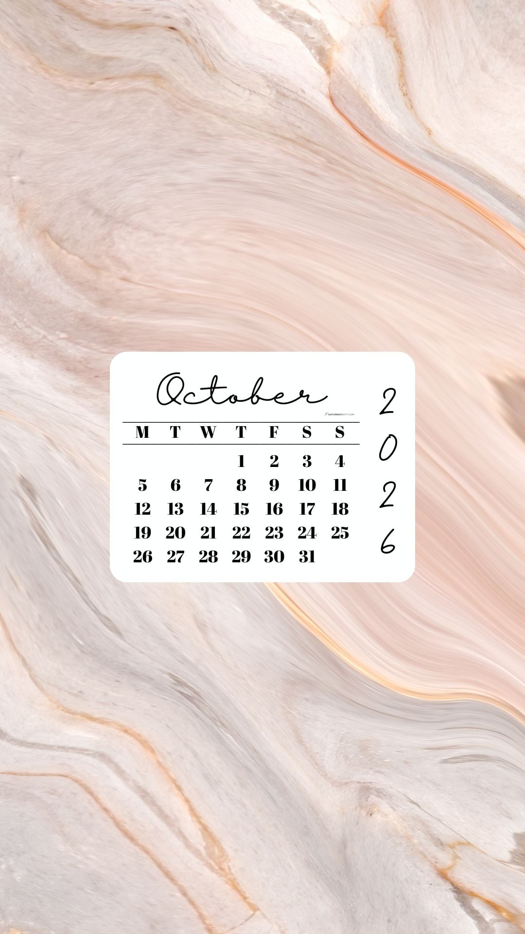October 2026 Phone Wallpaper Background - Peach Marble | SaturdayGift