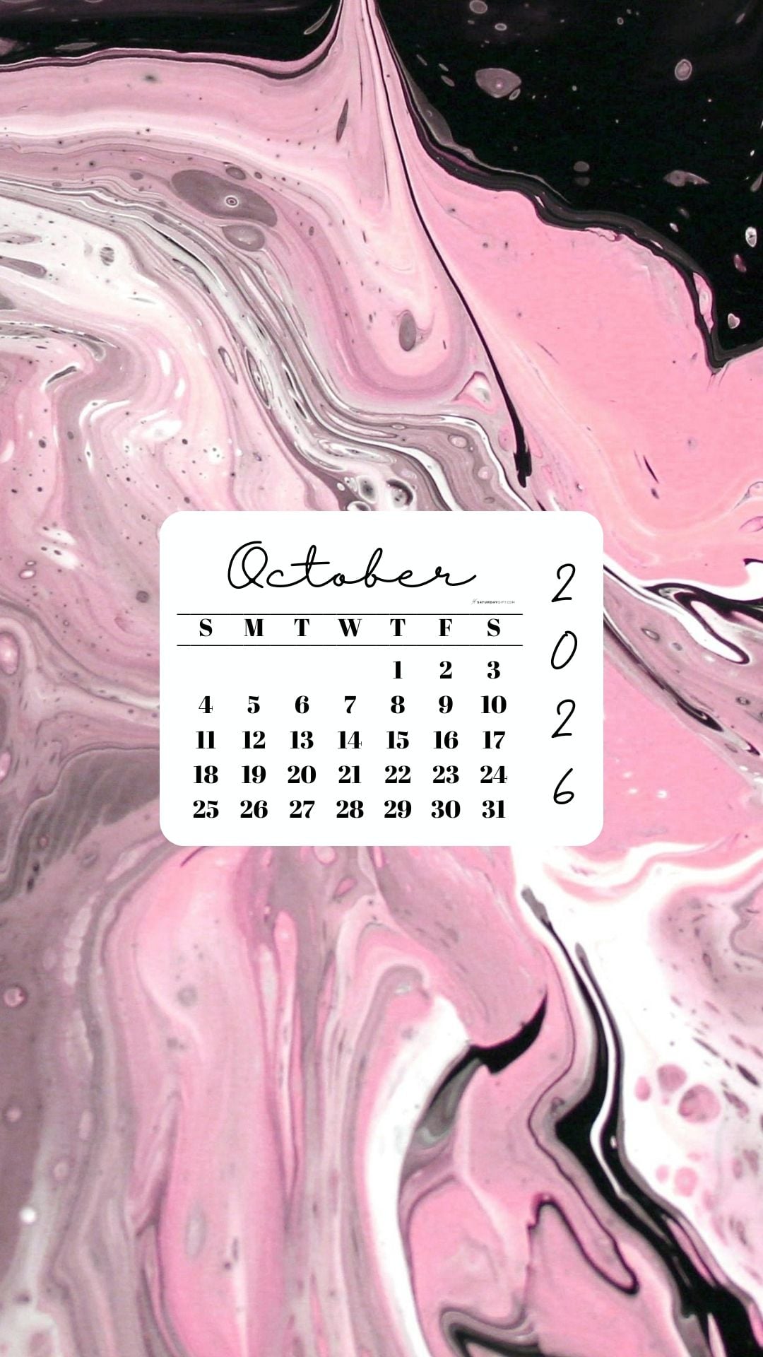 October 2026 Phone Wallpaper Background - Pink & Black | SaturdayGift