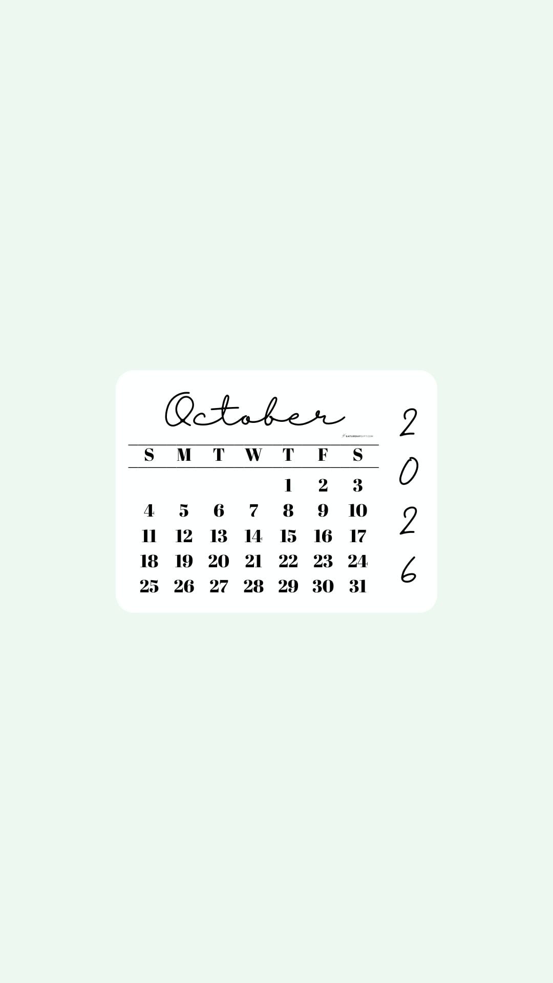October 2026 Phone Wallpaper Background - Simple Green | SaturdayGift