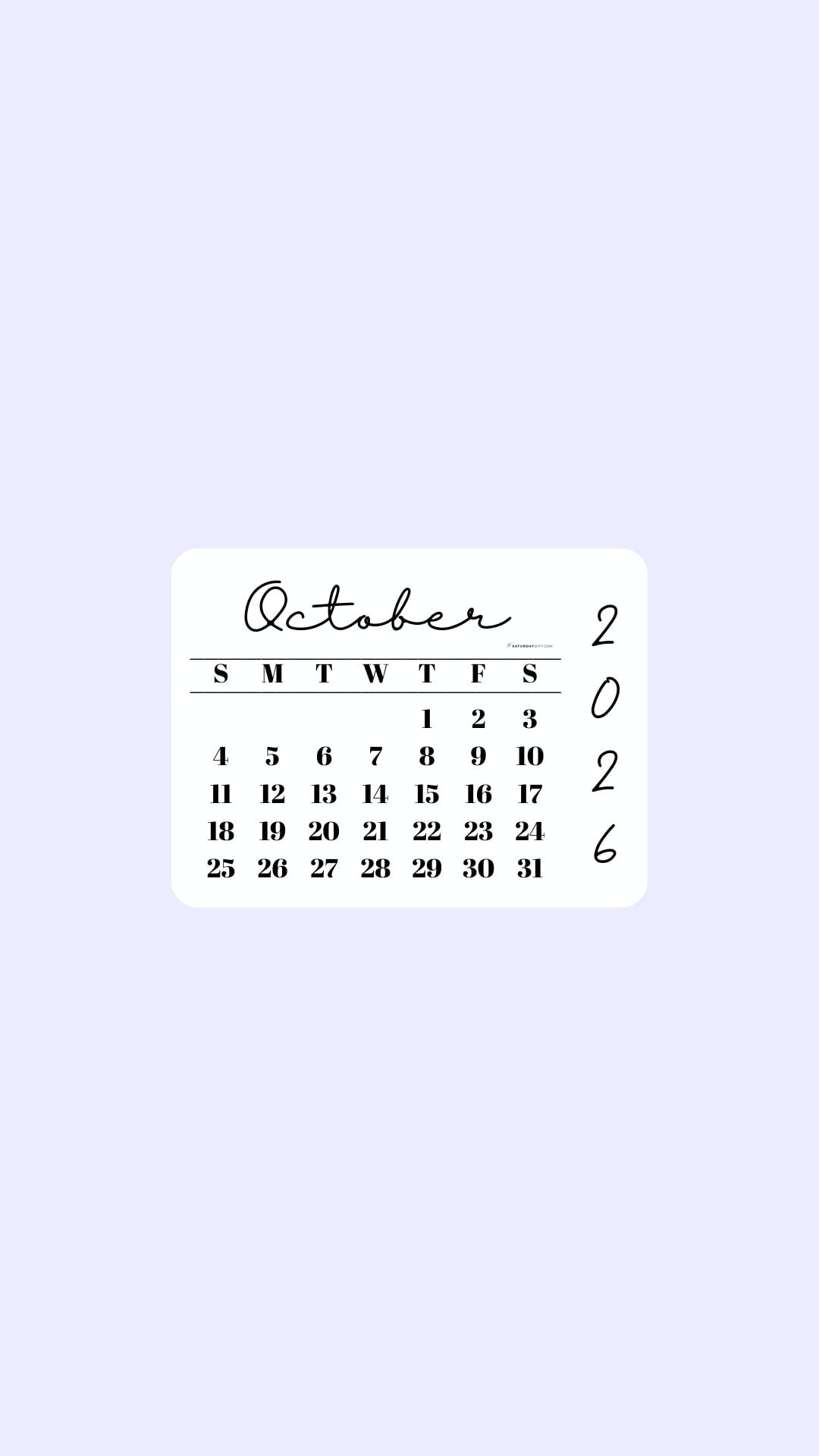 October 2026 Phone Wallpaper Background - Simple Lilac | SaturdayGift