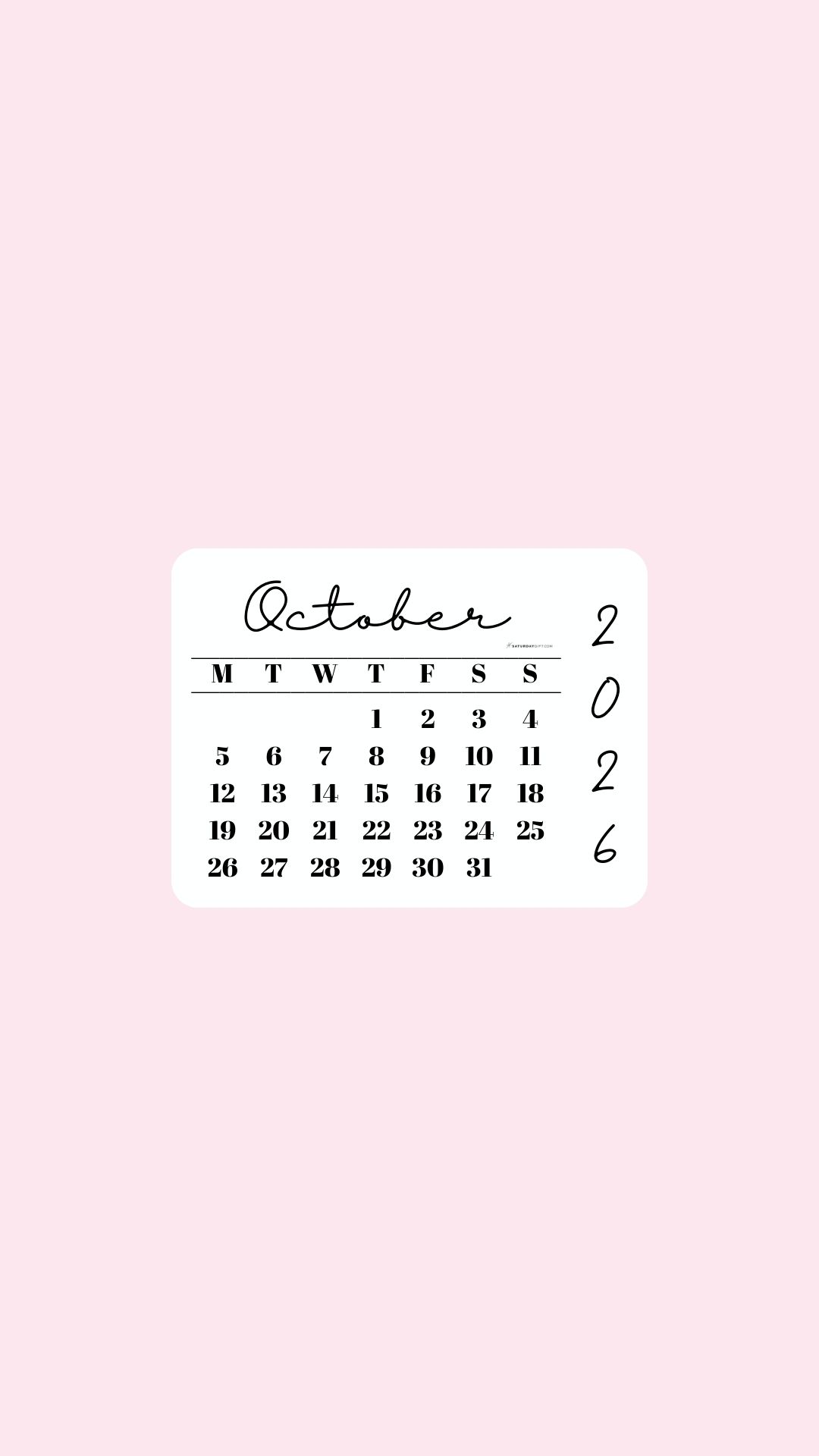 October 2026 Phone Wallpaper Background - Simple Pink | SaturdayGift