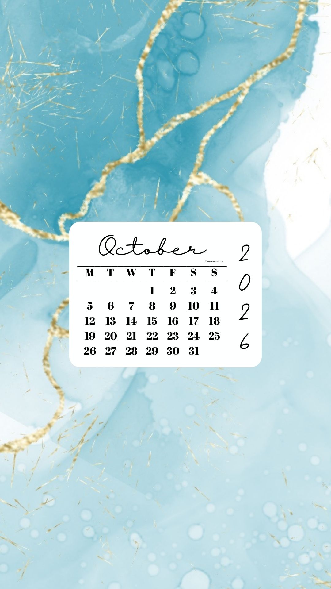 October 2026 Phone Wallpaper Background - Turquoise Marble | SaturdayGift