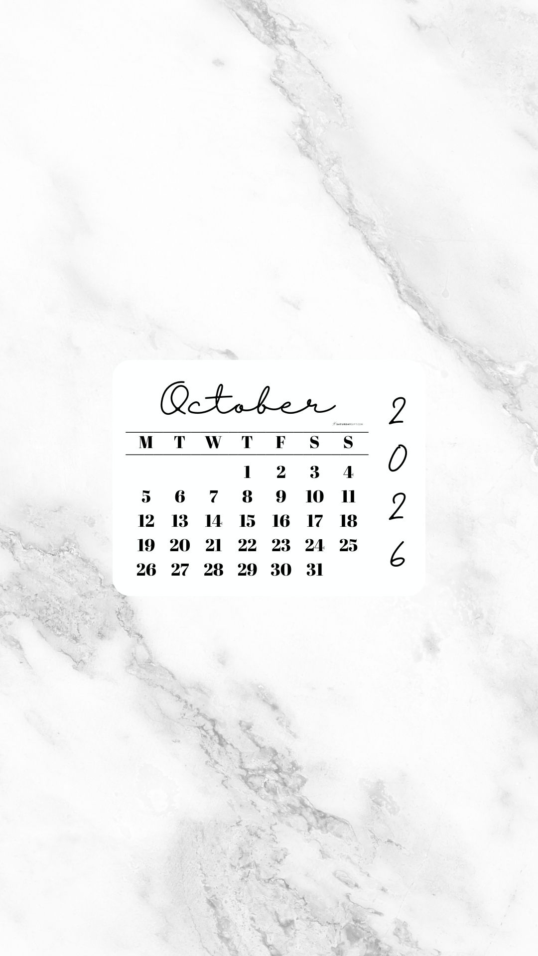 October 2026 Phone Wallpaper Background - White Marble | SaturdayGift