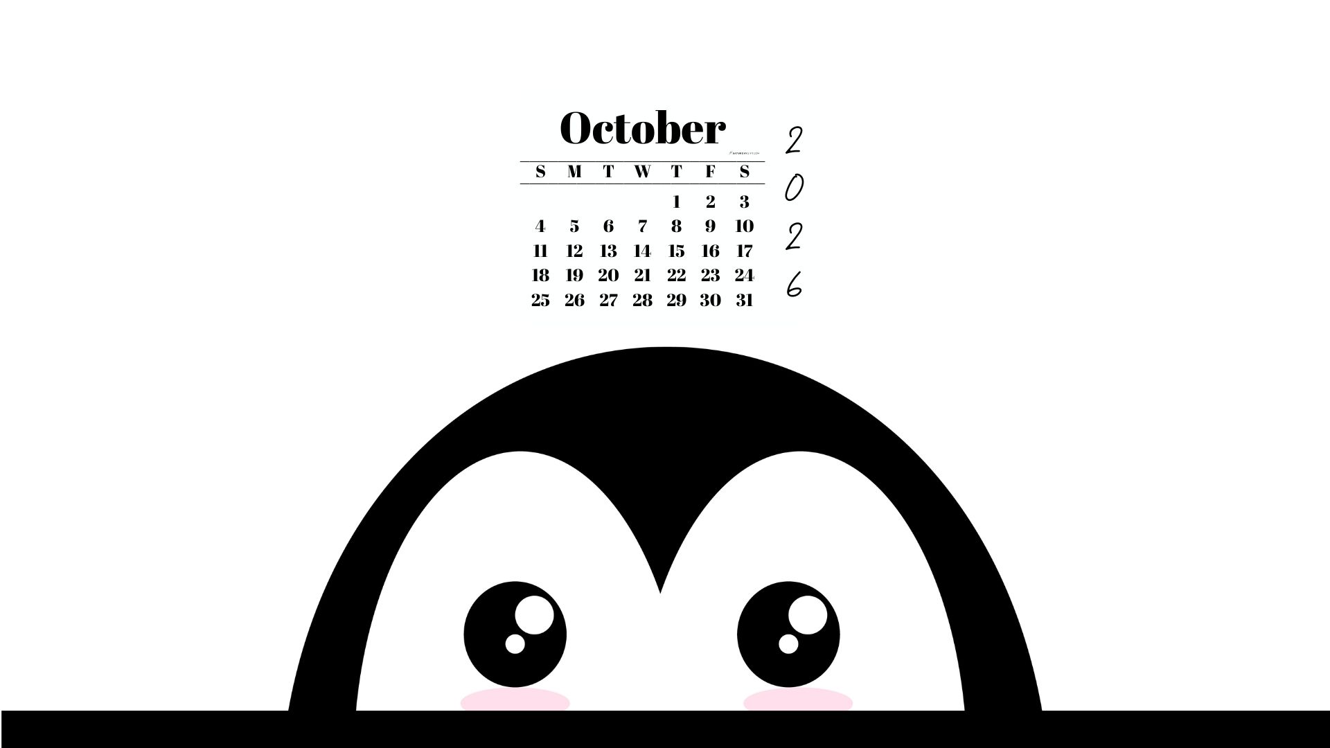October 2026 Wallpaper for Desktop - Shy Penguin | SaturdayGift