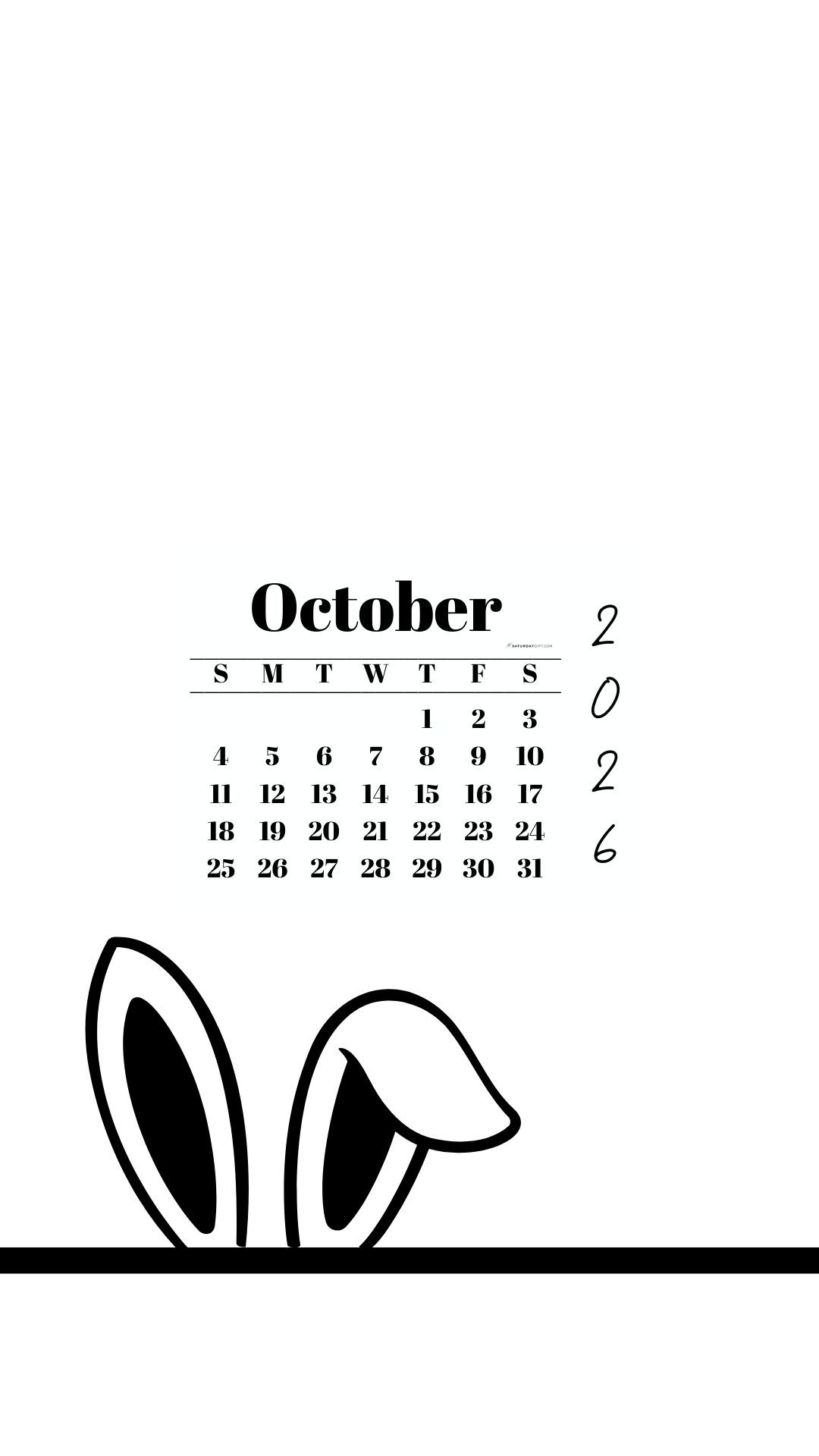 October 2026 Wallpaper for Phone - Shy Bunny | SaturdayGift