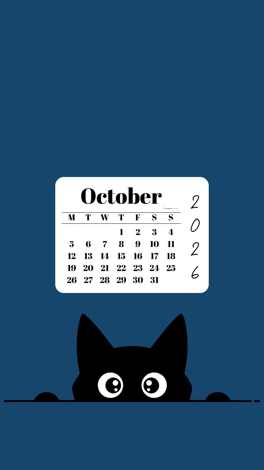 October Calendar 2026 Phone Background - Shy Cat Blue | SaturdayGift