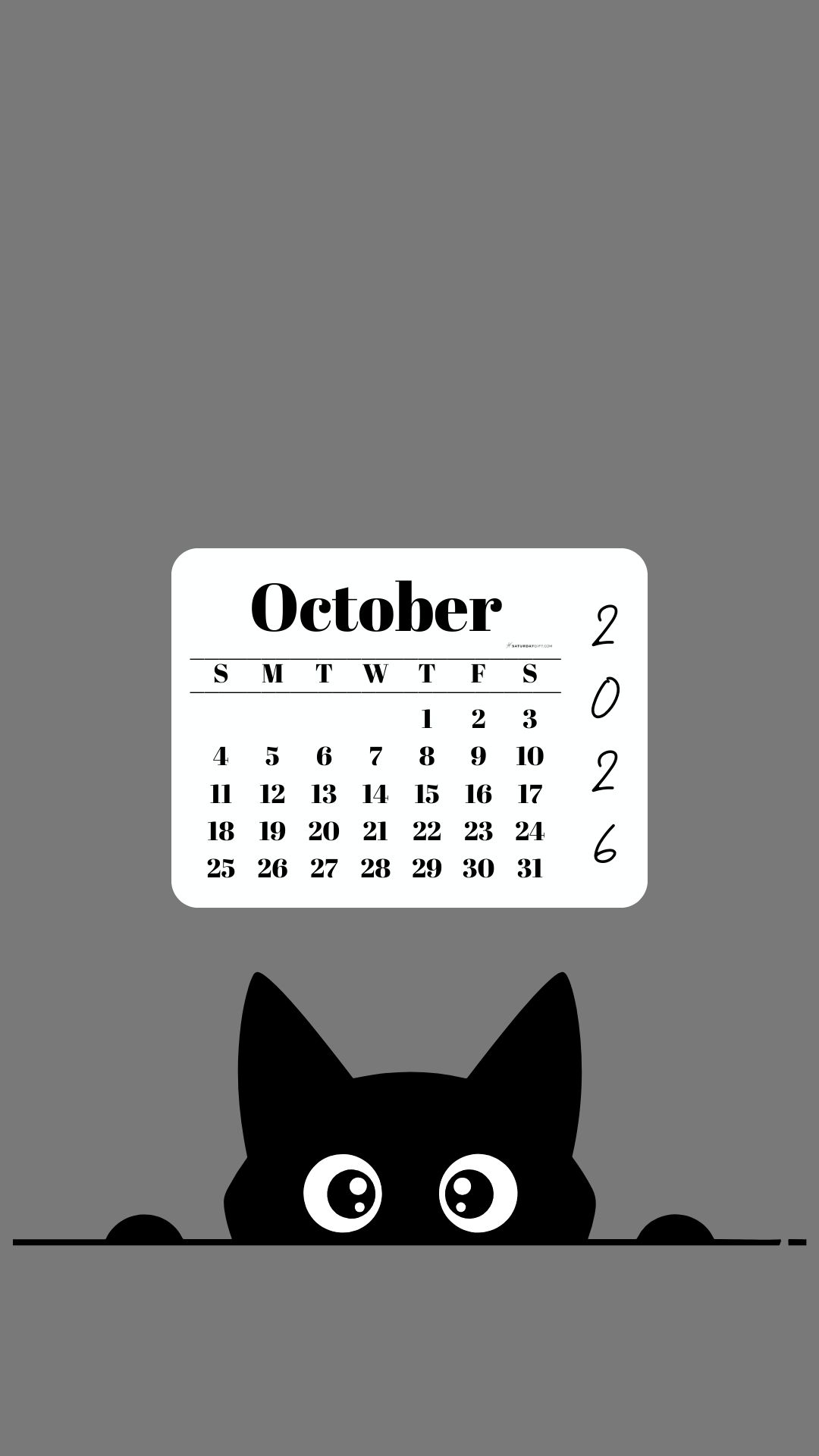 October Calendar 2026 Phone Background - Shy Cat Grey | SaturdayGift