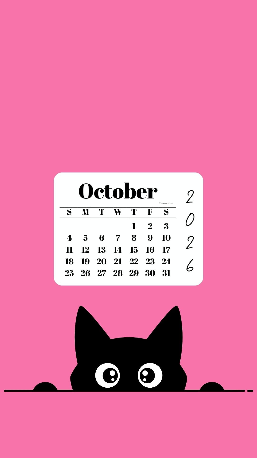 October Calendar 2026 Phone Background - Shy Cat Pink | SaturdayGift