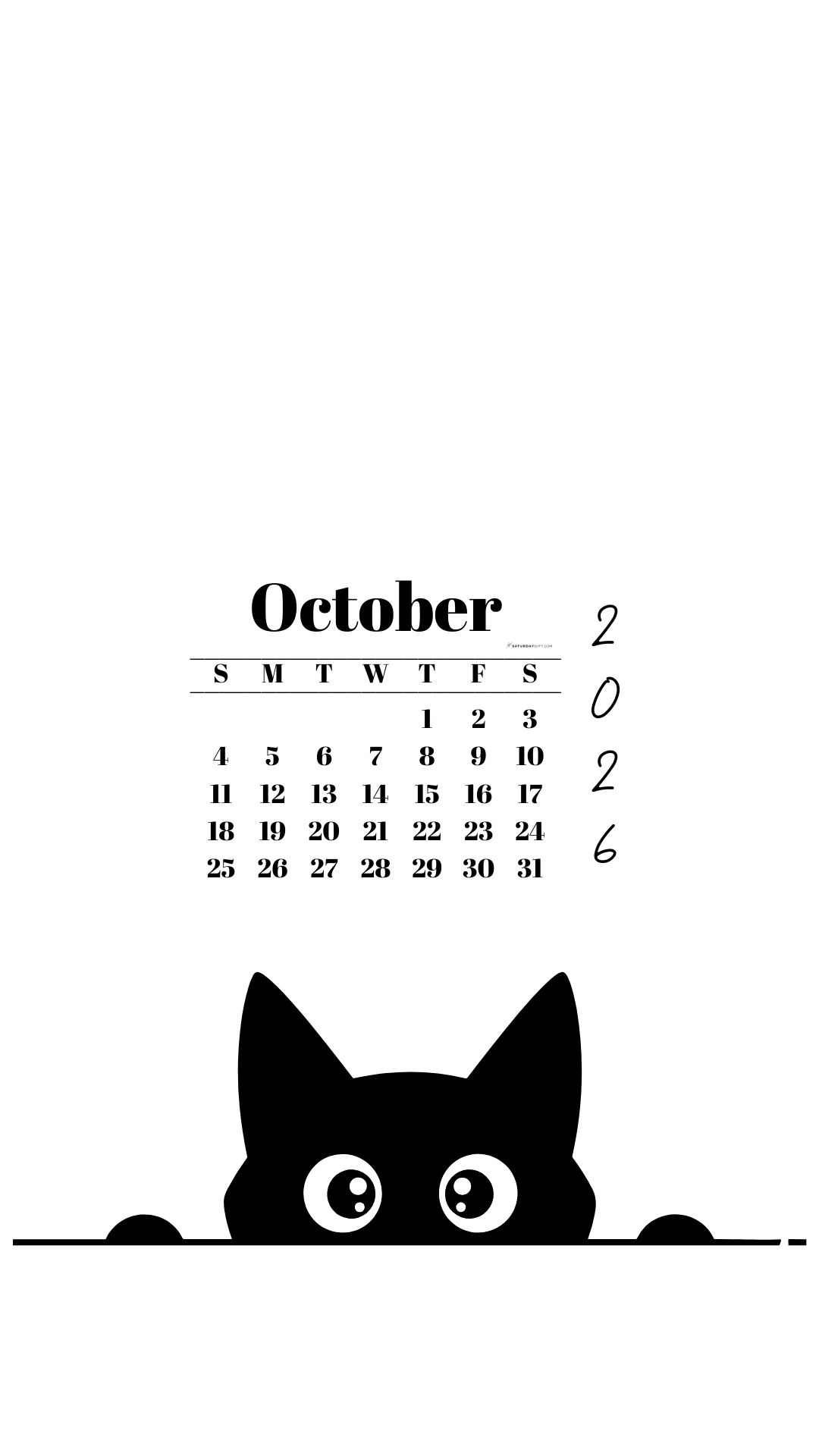 October Calendar 2026 Phone Background - Shy Cat White | SaturdayGift