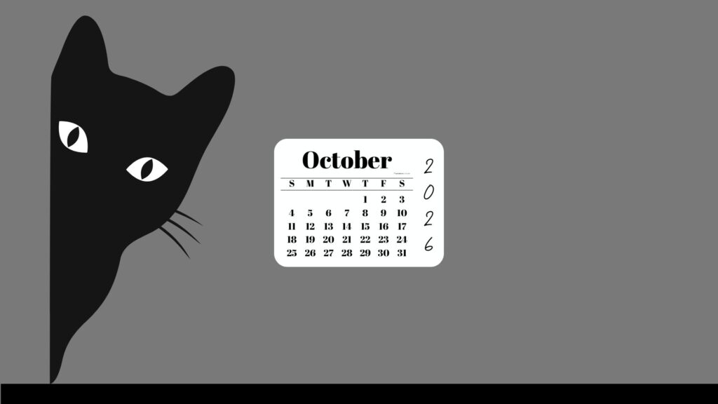 October Desktop Wallpaper Calendar 2026 - Black Cat Grey Background | SaturdayGift