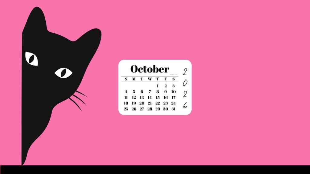 October Desktop Wallpaper Calendar 2026 - Black Cat Pink Background | SaturdayGift