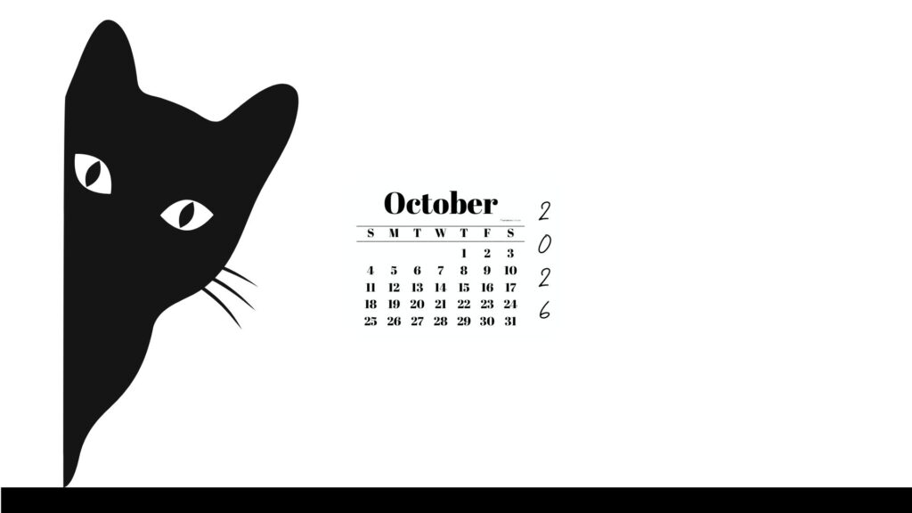 October Desktop Wallpaper Calendar 2026 - Black Cat White Background | SaturdayGift